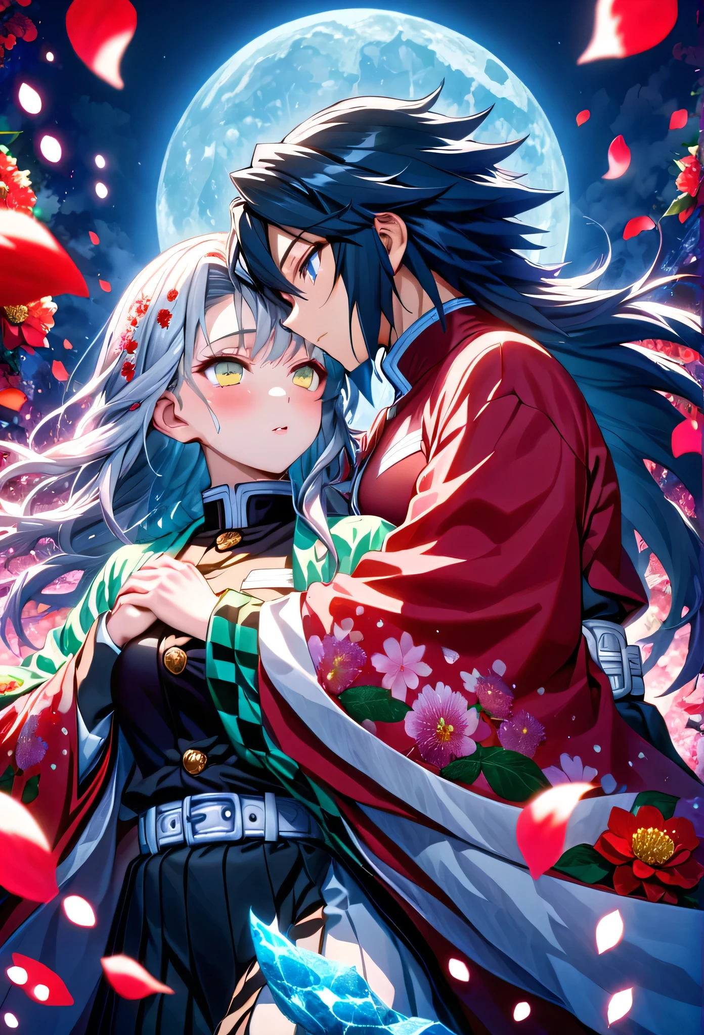 Ultra detailed, highres, absurdres, HDR, master piece, anime girl, pretty woman with white long hair with deep red streaks, girl with yellow eyes, girl with red haori, black demon slayer uniform, Kimetsu No Yaiba, fantasy, petals, red flowers, pretty, Tomioka Giyu, Water Hashira, Tomioka deep blue eyes, huging, romance, magic, moon, best quality, extremely detailed face, love, passion, romance, anime, they are realy in love, love hug