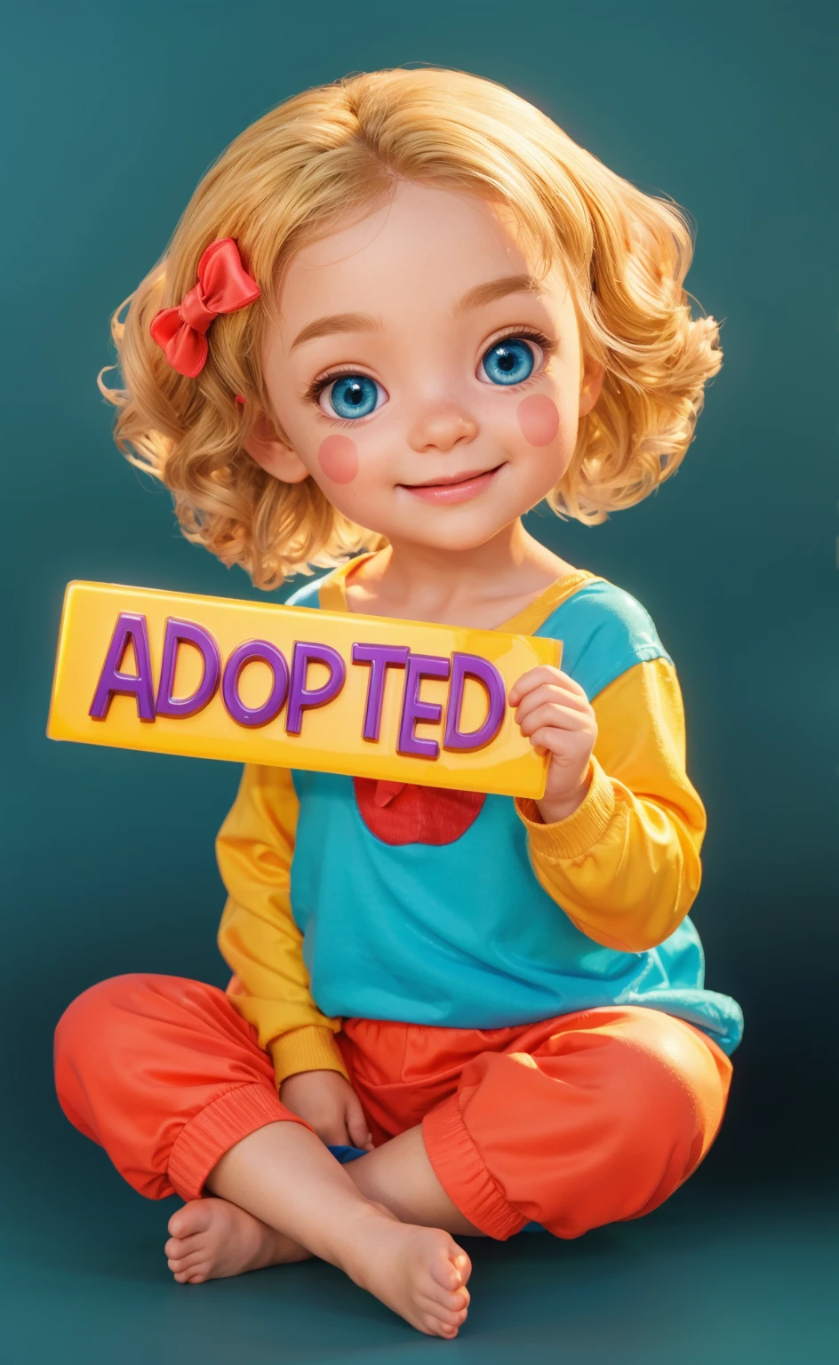 The image shows a young girl with blonde hair, big blue eyes, and a pink bow in her hair, sitting on the ground with a sign that says \"ADOPTED\" in her hands, smooth 3d model, glossy plastic texture, multiple light sources, rim light, sharp post effects render, most beautiful vfx, , realistic, 4k, high resolution, rim light, smooth 3d model. , glossy texture, smooth 3d model, multiple light sources, rim light, sharp post effects render, (glossy plastic texture with multiple big light probe refractions), perfect cgi, reflective, best quality, 4k, masterpiece:1.2, ultra-detailed, realistic, vivid colors, The image of the highest quality, ensuring every detail showcased perfectly. It in 4k resolution, allowing viewers to immerse themselves in the richness of the colors and intricate details. The realistic rendering. under the spotlight, reflecting, high-resolution image, realistic rendering