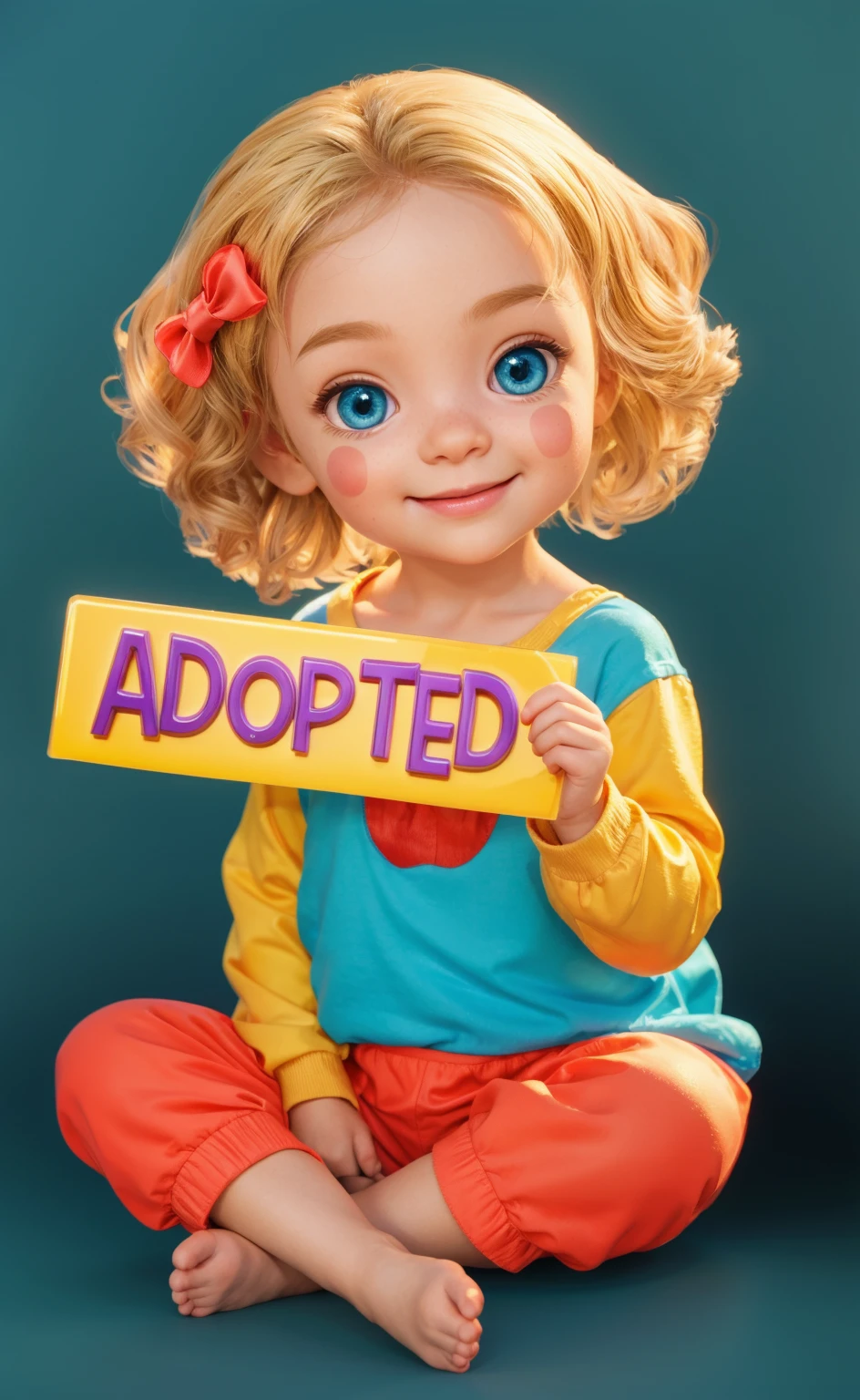  The image shows a young girl with blonde hair, big blue eyes, and a pink bow in her hair, sitting on the ground with a sign that says \"ADOPTED\" in her hands, smooth 3d model, glossy plastic texture, multiple light sources, rim light, sharp post effects render, most beautiful vfx, , realistic, 4k, high resolution, rim light, smooth 3d model. ,  glossy texture, smooth 3d model, multiple light sources, rim light, sharp post effects render, (glossy plastic texture with multiple big light probe refractions), perfect cgi,   reflective, best quality, 4k, masterpiece:1.2, ultra-detailed, realistic, vivid colors, The image of the highest quality, ensuring every detail showcased perfectly. It in 4k resolution, allowing viewers to immerse themselves in the richness of the colors and intricate details. The realistic rendering. under the spotlight, reflecting, high-resolution image, realistic rendering