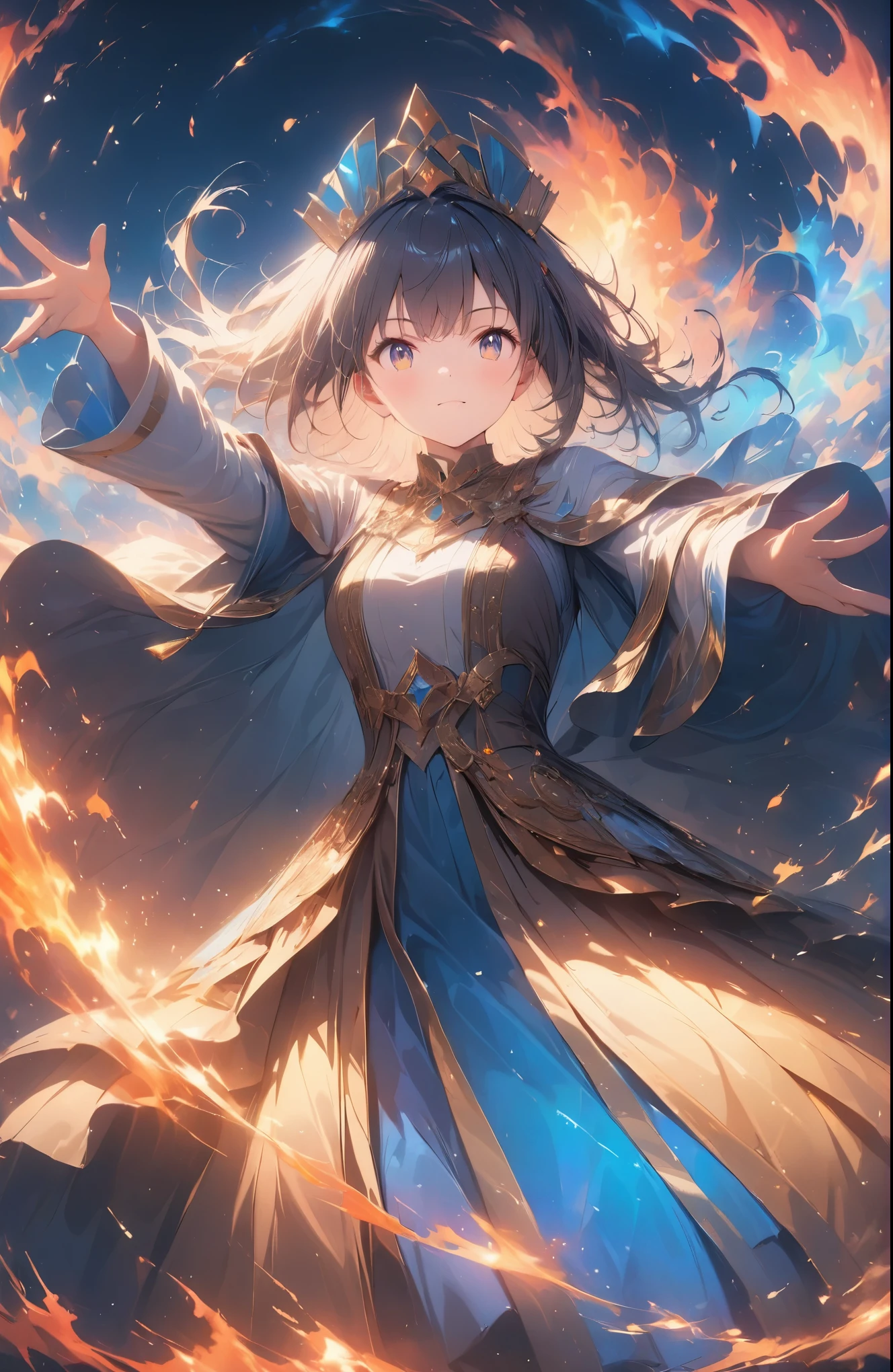 Anime,a beautiful fire priestess dancing amidst spectacular swirling flames, dramatic lighting, extreme detail, 8k, intricate ornate costume, elegant pose, intense fiery colors, volumetric lighting, photorealistic, cinematic composition, masterpiece, hyper detailed, ultra realistic,cute,effect