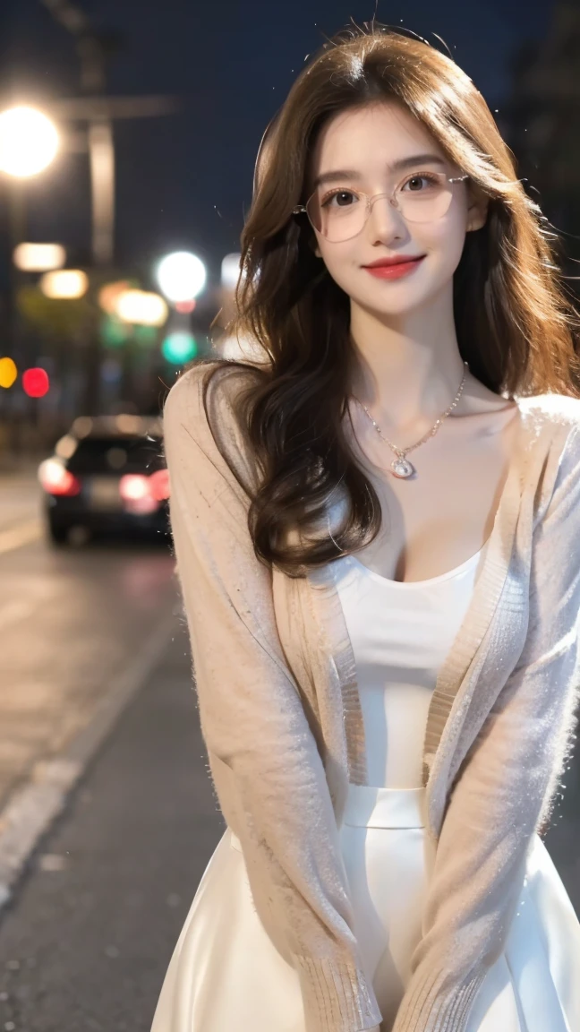(Canon RF85mm f/1.2), (8K, original photo, best quality), (masterpiece), (Practical, photograph Practical), (Extremely detailed, High Detail, Best image quality, Very detailed, high resolution, Very detailed, Extremely detailed的描述, very good, Extremely exquisite and beautiful work), Beautiful and delicate girl, full body, ((Perfect body)), ((Cardigan,Wedding dress)),((skirt)) ((Pantyhose)), ((bud)),Very detailed eyes and face, White skin, Noble and beautiful, ((Delicate skin texture, Pores)), Perfect anatomical structure, Beautiful body, Delicate face, Slim abdominal muscles, Slim waist), Big Ass, (Large Breasts, Breast enlargement), (Soulful gaze, soulful eyes, Glowing eyes), (Beautiful clear eyes), (Bounce Curly Messy Long Hair), (Smile:1.2), (Fascinated expression), (Beautiful appearance), ((wear glasses)), earrings, necklace, ((night)), ((Street View, moonlight)), Physically Based Rendering, Realistic lighting, ((Looking at the audience)), ((Everlasting)), ((Happy and shy))