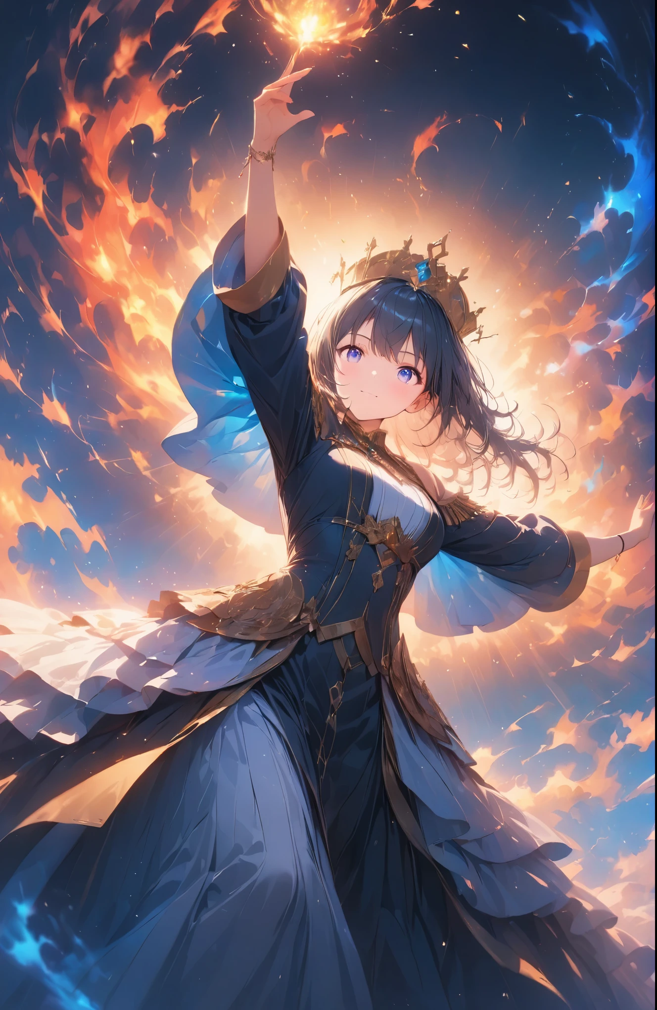 Anime,a beautiful fire priestess dancing amidst spectacular swirling flames, dramatic lighting, extreme detail, 8k, intricate ornate costume, elegant pose, intense fiery colors, volumetric lighting, photorealistic, cinematic composition, masterpiece, hyper detailed, ultra realistic,cute,effect