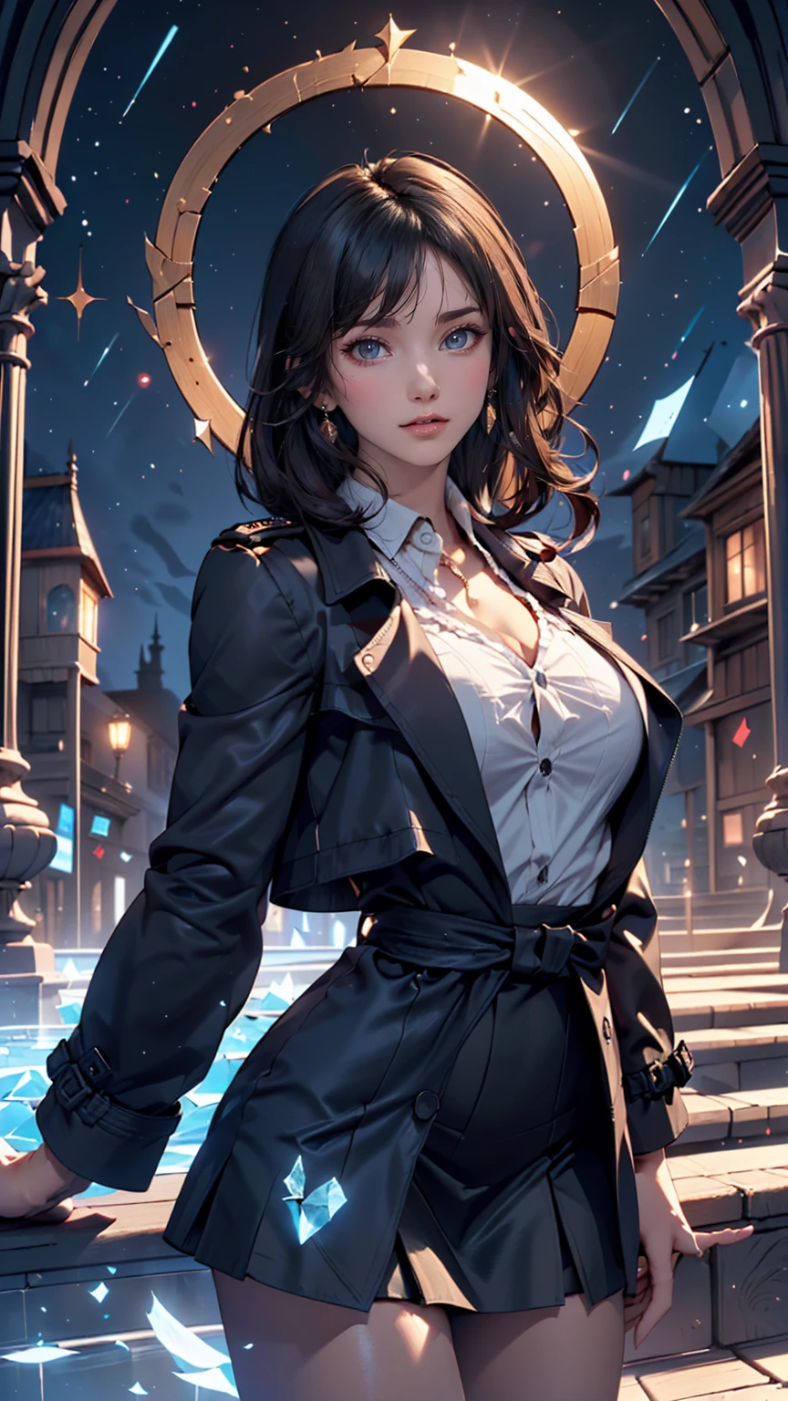 (Highest quality, masterpiece),(One girl, trench coat,expression, blue eyes, View your viewers, Black Hair, Mouth closed, Dress shirt, Black Skirt, Waving to the audience), (Reduce Blue Light, Blue glass shards swirling behind, Floating objects, Night Sky)、Sexy proportions、Long eyelashes、eye shadow、Narrow waist