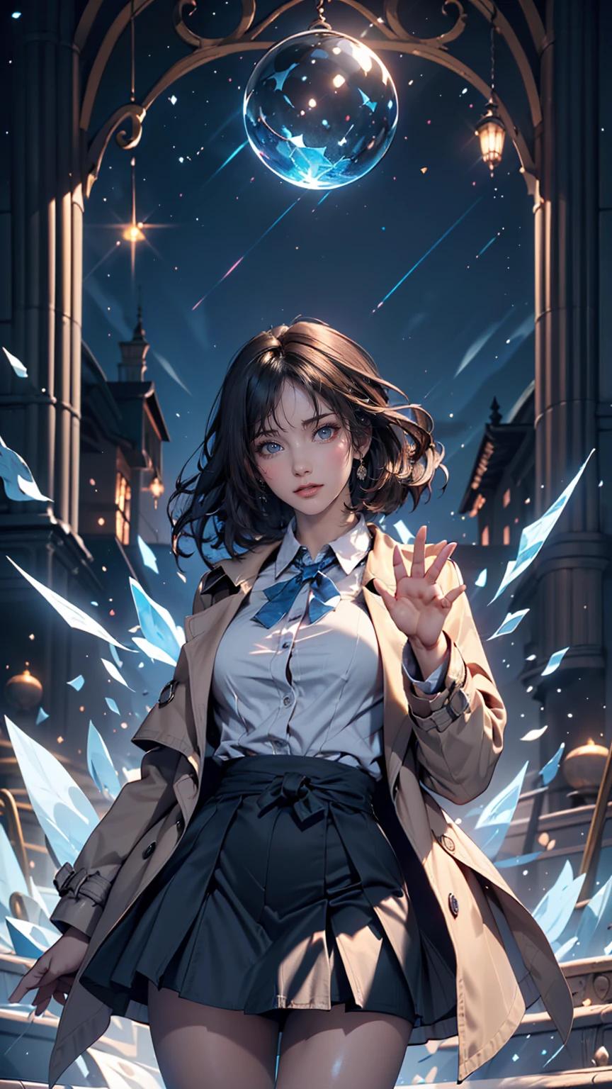 (Highest quality, masterpiece),(One girl, trench coat,expression, blue eyes, View your viewers, Black Hair, Mouth closed, Dress shirt, Black Skirt, Waving to the audience), (Reduce Blue Light, Blue glass shards swirling behind, Floating objects, Night Sky)、Sexy proportions、Long eyelashes、eye shadow、Narrow waist