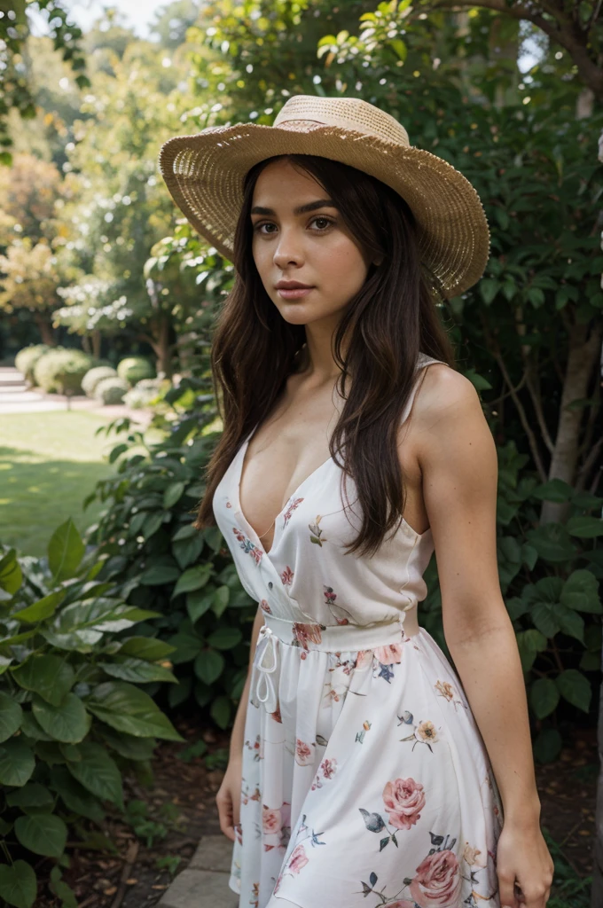 1girl in, 30 years old, Square face, Long hair, Looking at viewer, jewelry, Reality, Sexy, in a flowing A-line, floral dress complemented by a wide-brimmed hat, in a picturesque park or botanical garden