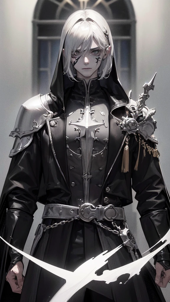 (work of art, best qualityer:1.2), (((1 men, mascle))) , standing alone, high resolution, best qualityer, Half-length photo of a strong man, pale white skin, man angry with (((tinta corpsy de metal preto))), ((brave face)) , heavy black and white face paint, wearing black and silver armor, thorn, in a gothic cemetery, at night, horror film. High details, super detaill, texturized skin, work of art, ultra HD, 4K, 8K. ((cinematic lighting)). Church on fire background