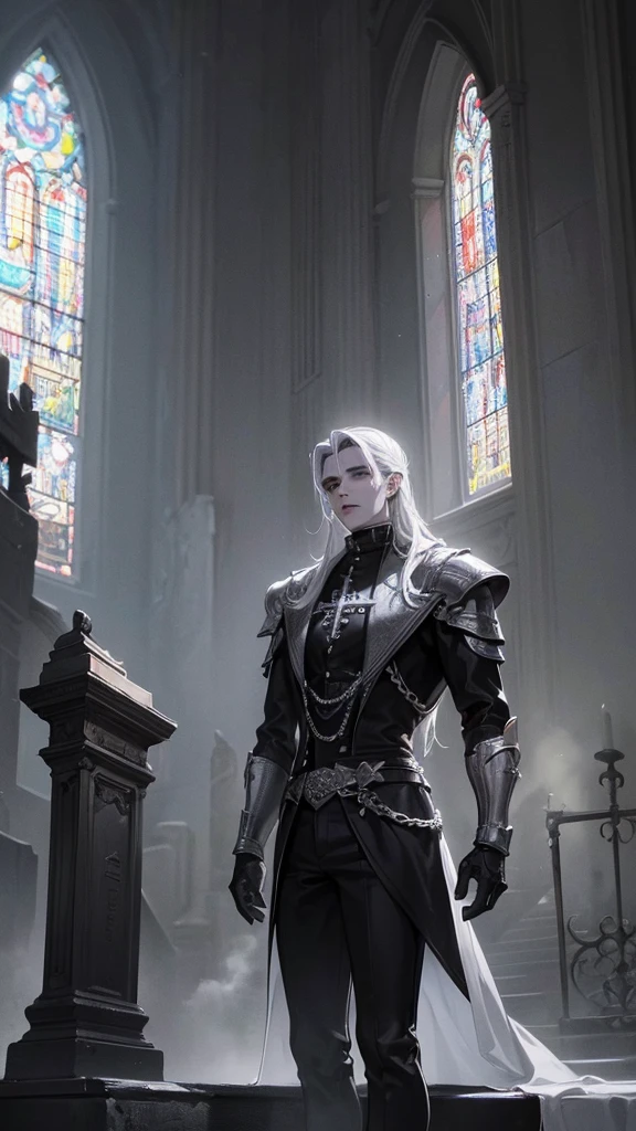 (work of art, best qualityer:1.2), (((1 men, mascle))) , standing alone, high resolution, best qualityer, Half-length photo of a strong man, pale white skin, man angry with (((tinta corpsy de metal preto))), ((brave face)) , heavy black and white face paint, wearing black and silver armor, thorn, in a gothic cemetery, at night, horror film. High details, super detaill, texturized skin, work of art, ultra HD, 4K, 8K. ((cinematic lighting)). Church on fire background