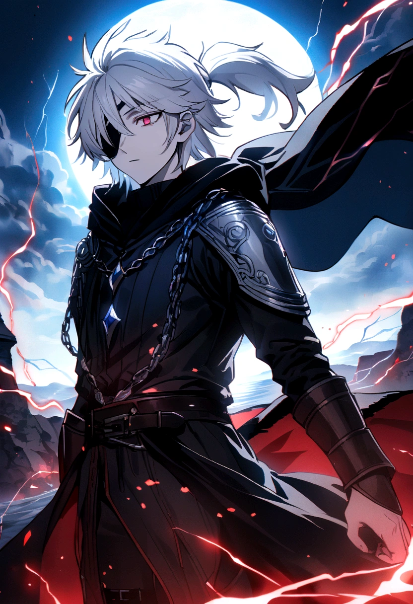 Anime character, a man, medieval era. Young man, 20 years old, large body, cold gaze, cold expression, white skin, short messy gray hair, ponytail, left eye patch, black clothes, black shirt, dark cape with hood, chains. frontal camera. Walking in a sea of ​​blood. Three moons shining high in the sky, purple, red and blue. White electricity emanating from his body, black electricity emanating from his left hand. Right eye shining in a white ray. Thunderous white lightning. (best quality, 4k, 8k, high resolution, masterpiece: 1.2), vibrant, ultra-detailed colors, chiaroscuro lighting, dramatic pose, intricate details, fantasy, mystical, powerful