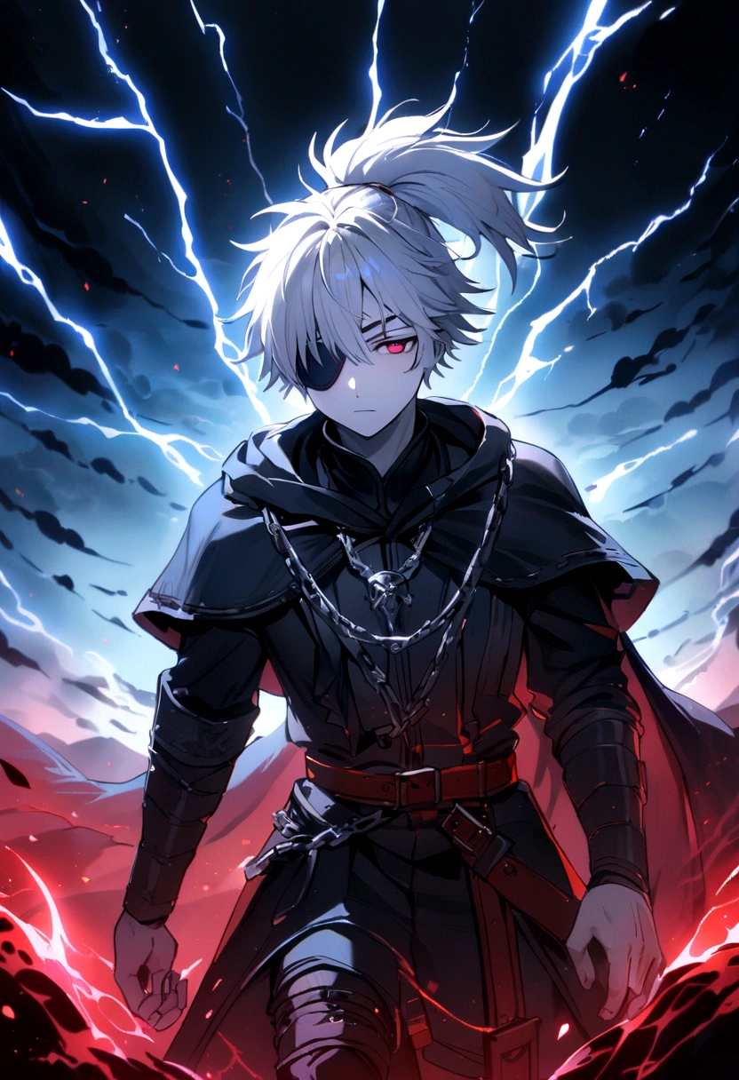 Anime character, a man, medieval era. Young man, 20 years old, large body, cold gaze, cold expression, white skin, short messy gray hair, ponytail, left eye patch, black clothes, black shirt, dark cape with hood, chains. frontal camera. Walking in a sea of blood. Three moons shining high in the sky, purple, red and blue. White electricity emanating from his body, black electricity emanating from his left hand. Right eye shining in a white ray. Thunderous white lightning. (best quality, 4k, 8k, high resolution, masterpiece: 1.2), vibrant, ultra-detailed colors, chiaroscuro lighting, dramatic pose, intricate details, fantasy, mystical, powerful