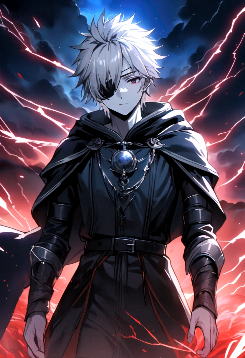 Anime character, a man, medieval era. Young man, 20 years old, large body, cold gaze, cold expression, white skin, short messy gray hair, ponytail, left eye patch, black clothes, black shirt, dark cape with hood, chains. frontal camera. Walking in a sea of blood. Three moons shining high in the sky, purple, red and blue. White electricity emanating from his body, black electricity emanating from his left hand. Right eye shining in a white ray. Thunderous white lightning. (best quality, 4k, 8k, high resolution, masterpiece: 1.2), vibrant, ultra-detailed colors, chiaroscuro lighting, dramatic pose, intricate details, fantasy, mystical, powerful