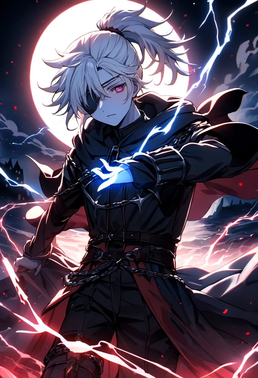 Anime character, a man, medieval era. Young man, 20 years old, large body, cold gaze, cold expression, white skin, short messy gray hair, ponytail, left eye patch, black clothes, black shirt, dark cape with hood, chains. frontal camera. Walking in a sea of blood. Three moons shining high in the sky, purple, red and blue. White electricity emanating from his body, black electricity emanating from his left hand. Right eye shining in a white ray. Thunderous white lightning. (best quality, 4k, 8k, high resolution, masterpiece: 1.2), vibrant, ultra-detailed colors, chiaroscuro lighting, dramatic pose, intricate details, fantasy, mystical, powerful