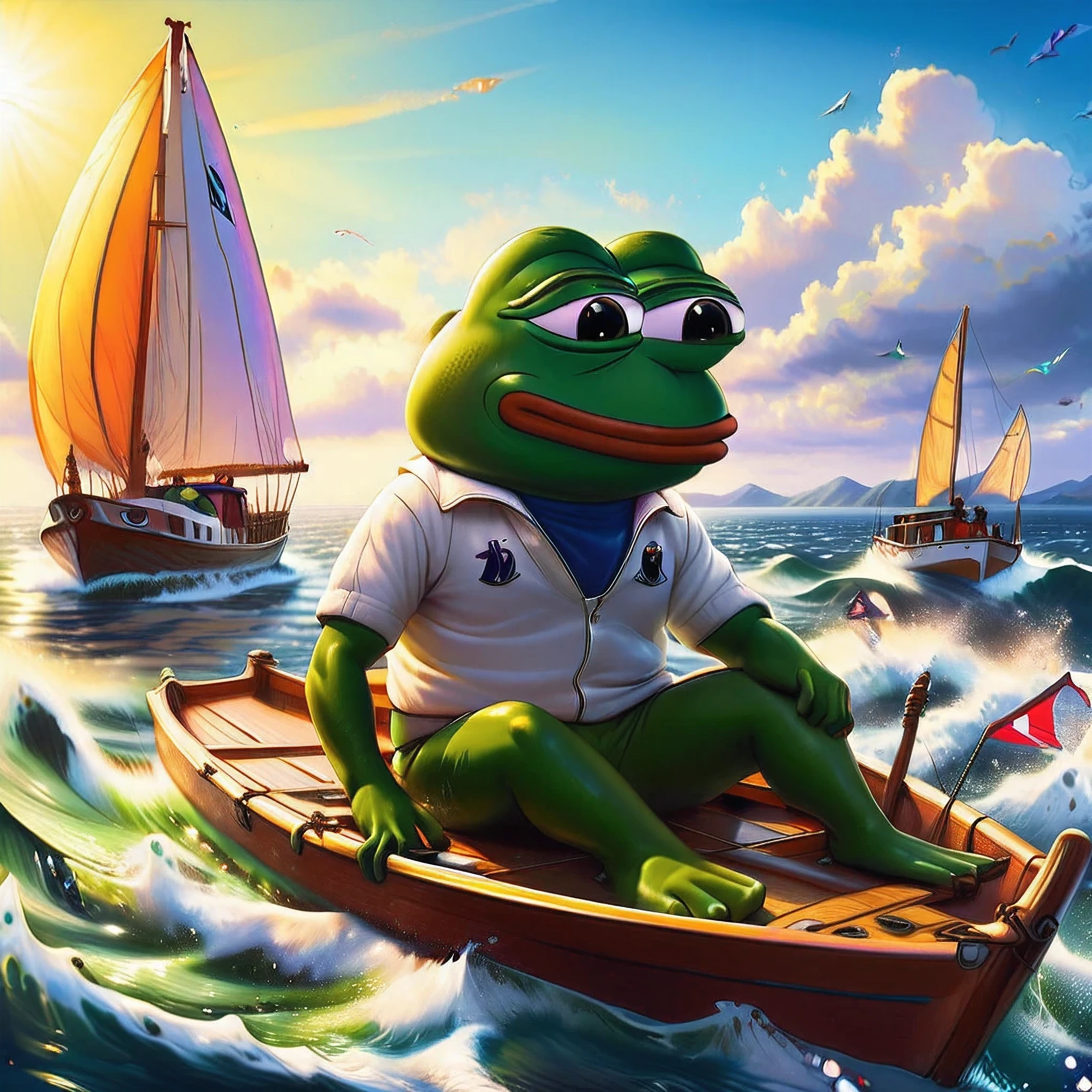 pepe the frog, race sailing, anthropomorphic frog character, frog sailing boat, dynamic sailing pose, splash water effects, sunny seascape environment, colorful sailboat, vibrant colors, whimsical digital art, highly detailed, masterpiece, cinematic lighting, photorealistic, award winning illustration