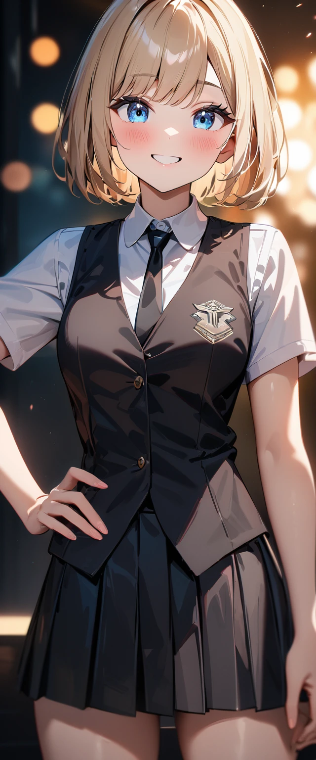 (((One girl))), blond hair, bob cut, (cowboy shot), (looking at viewer), face in focus, ager, head tilt:1.3, (((blue eye))), ((happy smile)), ((blush)), contrapposto, one hand on hip, school summer uniform, white shirts, ((black tie under the waistcoat)), skirt, black waistcoat, anime style, (best quality, 4k, 8k, highres, masterpiece:1.2, ultra-detailed, ultra-detailed eyes, HDR, UHD, studio lighting, ultra-fine painting, sharp focus, physically-based rendering, extreme detail description, professional, vivid colors, bokeh)