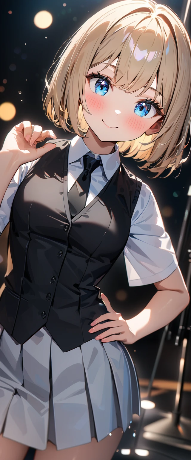 (((One girl))), blond hair, bob cut, (cowboy shot), (looking at viewer), face in focus, teenager, head tilt:1.3, (((blue eye))), ((happy smile)), ((blush)), contrapposto, one hand on hip, school summer uniform, white shirts, ((black tie under the waistcoat)), skirt, black waistcoat, anime style, (best quality, 4k, 8k, highres, masterpiece:1.2, ultra-detailed, ultra-detailed eyes, HDR, UHD, studio lighting, ultra-fine painting, sharp focus, physically-based rendering, extreme detail description, professional, vivid colors, bokeh)