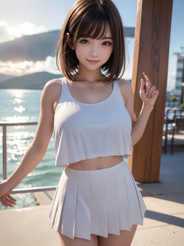 (8K, RAW Photos, Highest quality, masterpiece:1.2), (Realistic, photo-Realistic:1.4), (Highly detailed 8K wallpapers), ((Full Body Shot)), (1 girl), Sharp focus, Depth of written boundary, Cinematic lighting, Soft Light, 緻密な美しさのeye, eye_Chan, Very beautiful 17 year old girl, innocent big eyes, Realistic, photo Realistic, Highly detailed cute girl, (Thin thighs), (Model Body Type), 18-year-old, (White sports tank top), (Blue Micro Mini Pleated Skirt), (((Fold your arms in front of your chest and act arrogantly))), ((A happy smile)), Parted lips, Watching the audience, (Waikiki Beach), (Brown Hair),(Short Bob Hair), (Asymmetrical bangs)