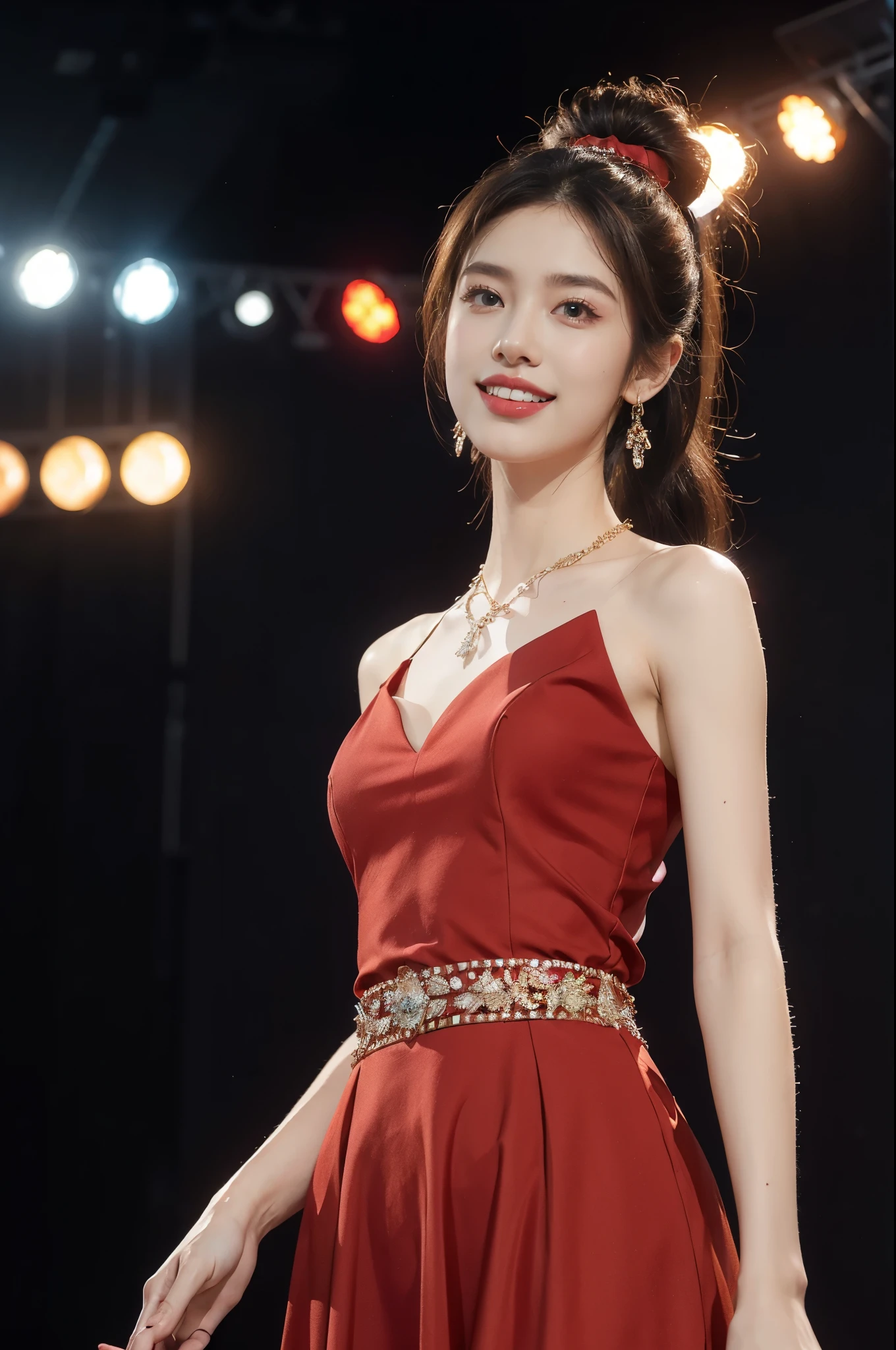 (((best quality))),(((ultra detailed))),(((masterpiece))),illustration, 1girl,singer,solo,short ponytail,open mouth,laughing,slim,thin,flat chest,small breasts,earrings,necklace,Maxi gorgeous sparkled red dress,slender legs,on the stage, performance, passion, confidence, elegance, lighting effects, decorations, audience, melodious voice, beautiful appearance, captivating performance,standing,upper body,from front