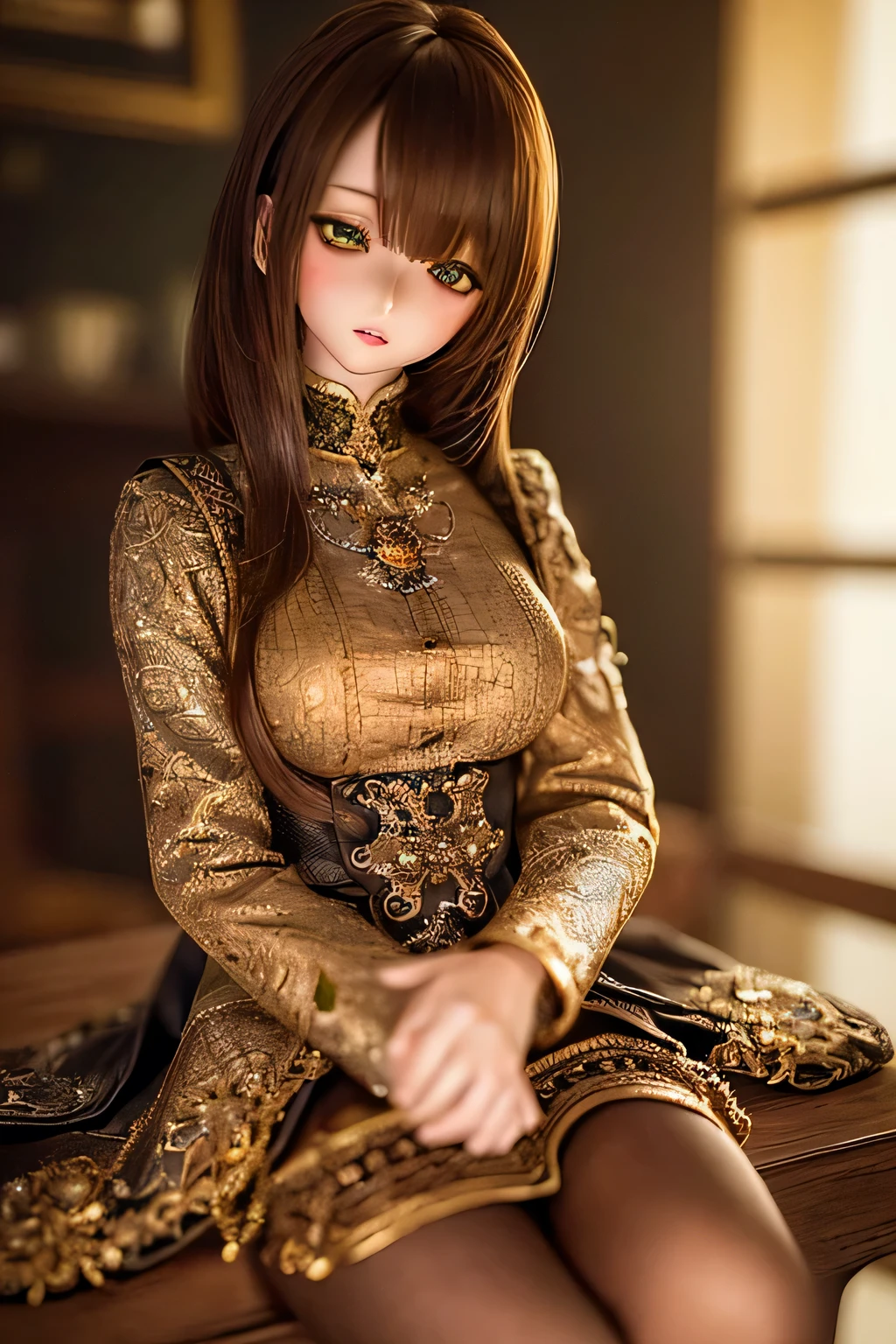 photorealistic, realistic photo, ((highest quality)), ((masterpiece)), (extremely detailed), kukolnydom, doll, (mature woman:1.6), solo, ((cowboy shot)), sitting on desk, arms on sides, green eyes, brown hair, medium hair, parted lips, (looking down, blank eyes, empty eyes, detailed eyes:1.3), dress, museum, 8k