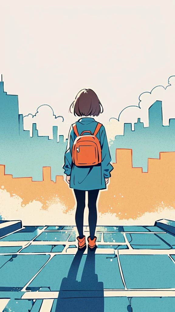 (Standing on the rooftop:1.3),Girl with backpack on rooftop,Simple lines,Minimalism,Abstract Art,City background,長い髪