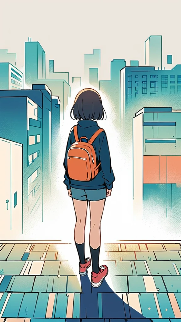 (Standing on the rooftop:1.3),Girl with backpack on rooftop,Simple lines,Minimalism,Abstract Art,City background,長い髪