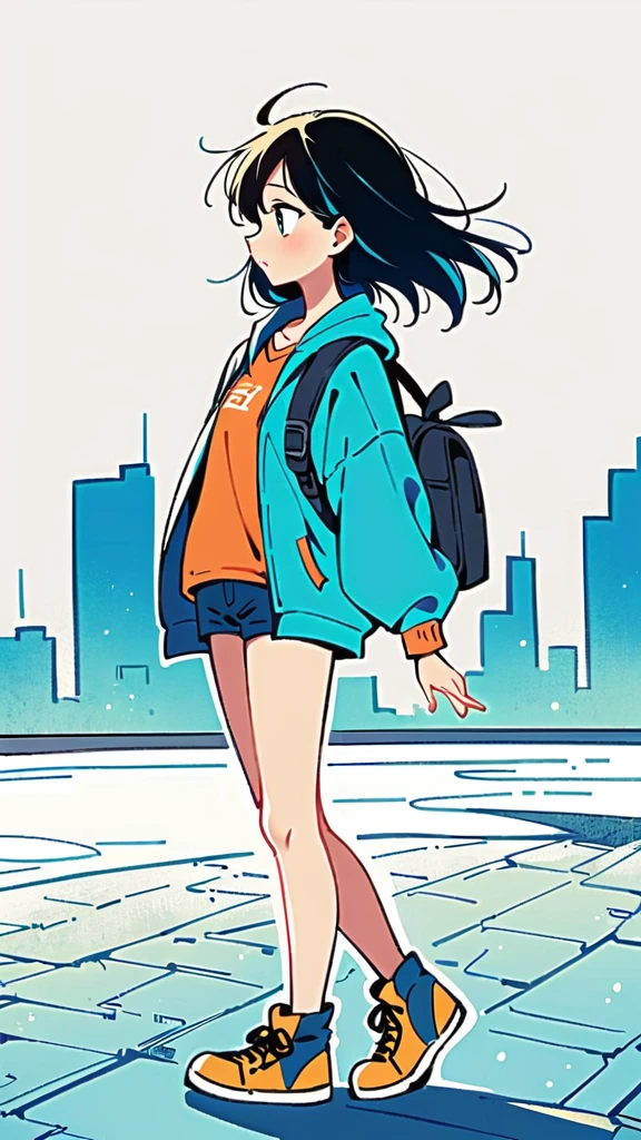 (Standing on the rooftop:1.3),Girl with backpack on rooftop,Simple lines,Minimalism,Abstract Art,City background,長い髪