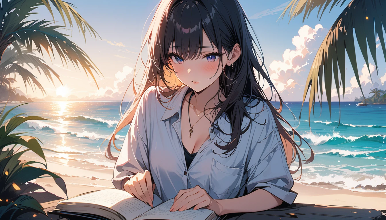(masterpiece, Highest quality:1.2), 1 Girl, alone,Eyes open,I have a book,Tropical atmosphere,Ocean