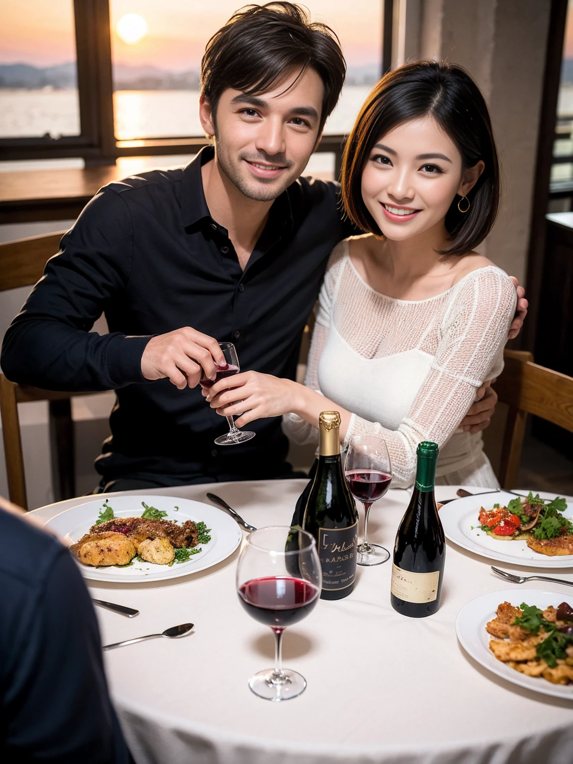((Highest quality、8K、masterpiece:1.3))、 (Ultra-realistic、 Genuine、Bright image、Intricate details:1.2), 最高のsmile、1 male、1 female、Beautiful couple、love love love、Roman Lovers、Good friends、actress couple、smile、Full-course dinner at a packed table、 (Slim face), (the body is slim), (Brown Hair), (short hair), テーブルのwine glass、Please shine a light on my face、 Amazing view of the sunset sky and clouds、35 years old 39 years old, red wine 、Appetizers、Wine bottle、sparkling wine、Long sleeve shirt、dress、White wine, red wine, wine glass,