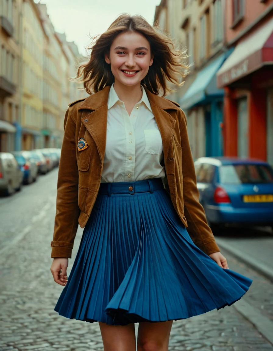 A smiling, authentic, (shy:1,3), kind, beautiful woman, is passionately in love with her skirt, wind wildly lifts her skirt, wearing uniform jacket and very, very detailed (long (fully pleated) full circle skirt) and (low heeled court shoes), very, very intricate hyper-detailed symmetric (attractive graceful young feminine face) with (sad, tired eyes and a loving smile), very voluptuous breasts, full of empathy and compassion and love, (pronounced (feminine) features), (highly detailed ultra accurate realistic) hands and fingers, (windy), epic composition, highly detailed attributes, (35mm f1.4 Kodak portra 400 photograph), extremely high quality RAW photograph, highly detailed atmosphere, sci-fi, cinematic shot, dynamic lighting, 75mm, Technicolor, Panavision, cinemascope, sharp focus, fine details, 8k, HDR, realism, realistic, key visual, film still, superb cinematic color grading, depth of field