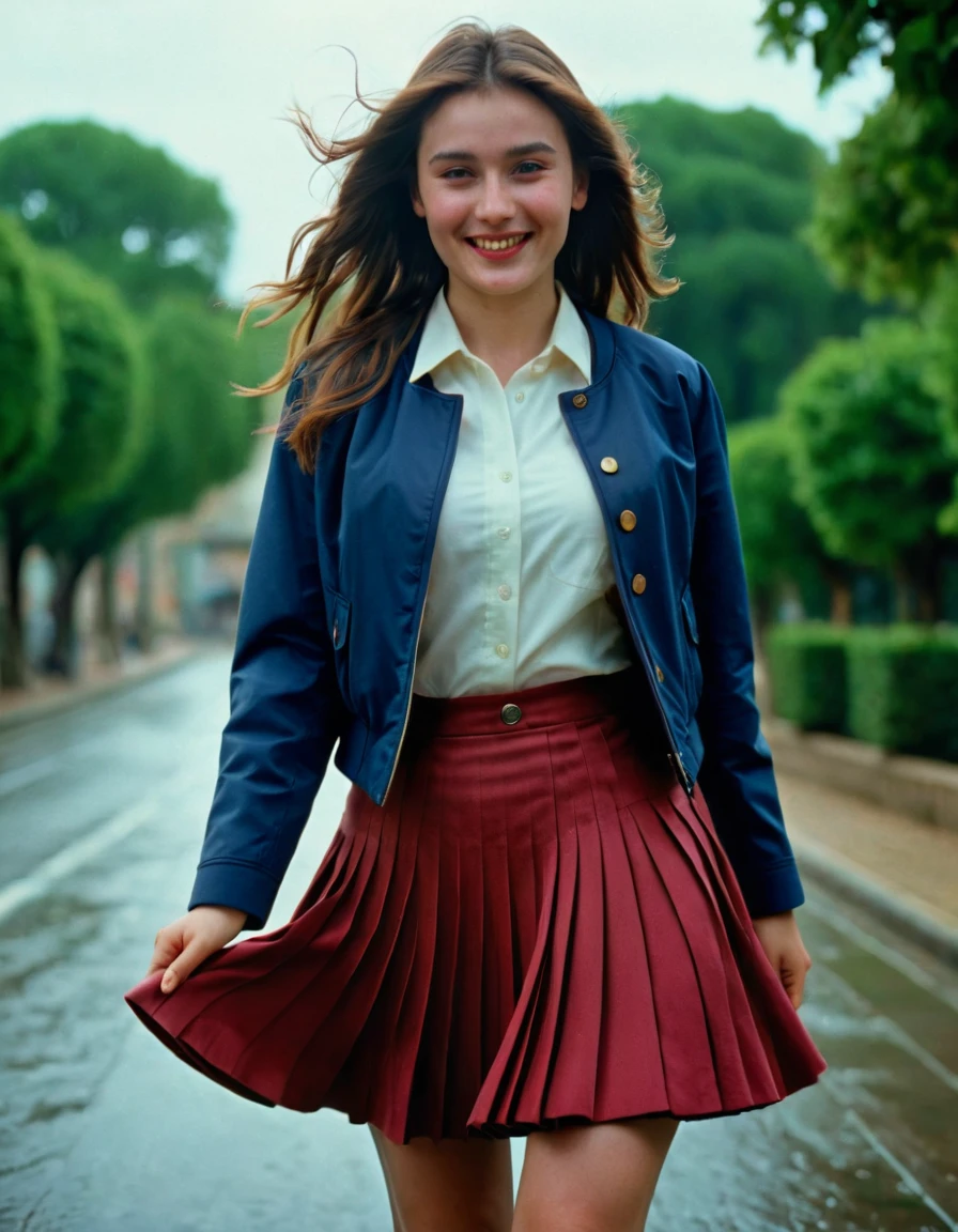 A smiling, authentic, (shy:1,3), kind, beautiful woman, is passionately in love with her skirt, wind wildly lifts her skirt, wearing uniform jacket and very, very detailed (long (fully pleated) full circle skirt) and (low heeled court shoes), very, very intricate hyper-detailed symmetric (attractive graceful young feminine face) with (sad, tired eyes and a loving smile), very voluptuous breasts, full of empathy and compassion and love, (pronounced (feminine) features), (highly detailed ultra accurate realistic) hands and fingers, (windy), epic composition, highly detailed attributes, (35mm f1.4 Kodak portra 400 photograph), extremely high quality RAW photograph, highly detailed atmosphere, sci-fi, cinematic shot, dynamic lighting, 75mm, Technicolor, Panavision, cinemascope, sharp focus, fine details, 8k, HDR, realism, realistic, key visual, film still, superb cinematic color grading, depth of field