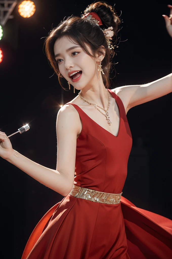(((best quality))),(((ultra detailed))),(((masterpiece))),illustration, 1girl,singer,solo,short ponytail,open mouth,laughing,slim,thin,flat chest,small breasts,earrings,necklace,Maxi gorgeous sparkled red dress,slender legs,on the stage, performance, passion, confidence, elegance, lighting effects, decorations, audience, melodious voice, beautiful appearance, captivating performance,standing,upper body,from front