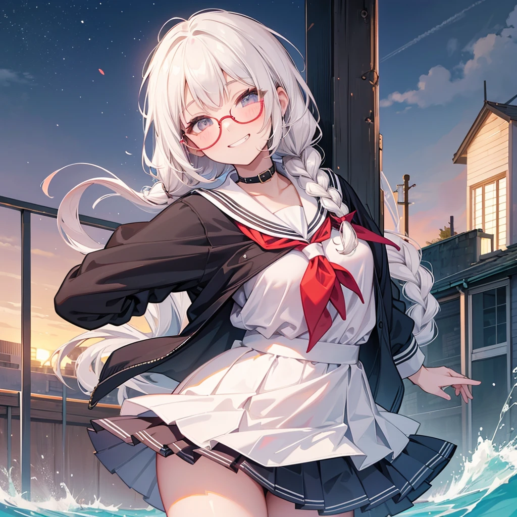 school girl,braid,glasses,((semi-opened-eyes)),kinky grin,