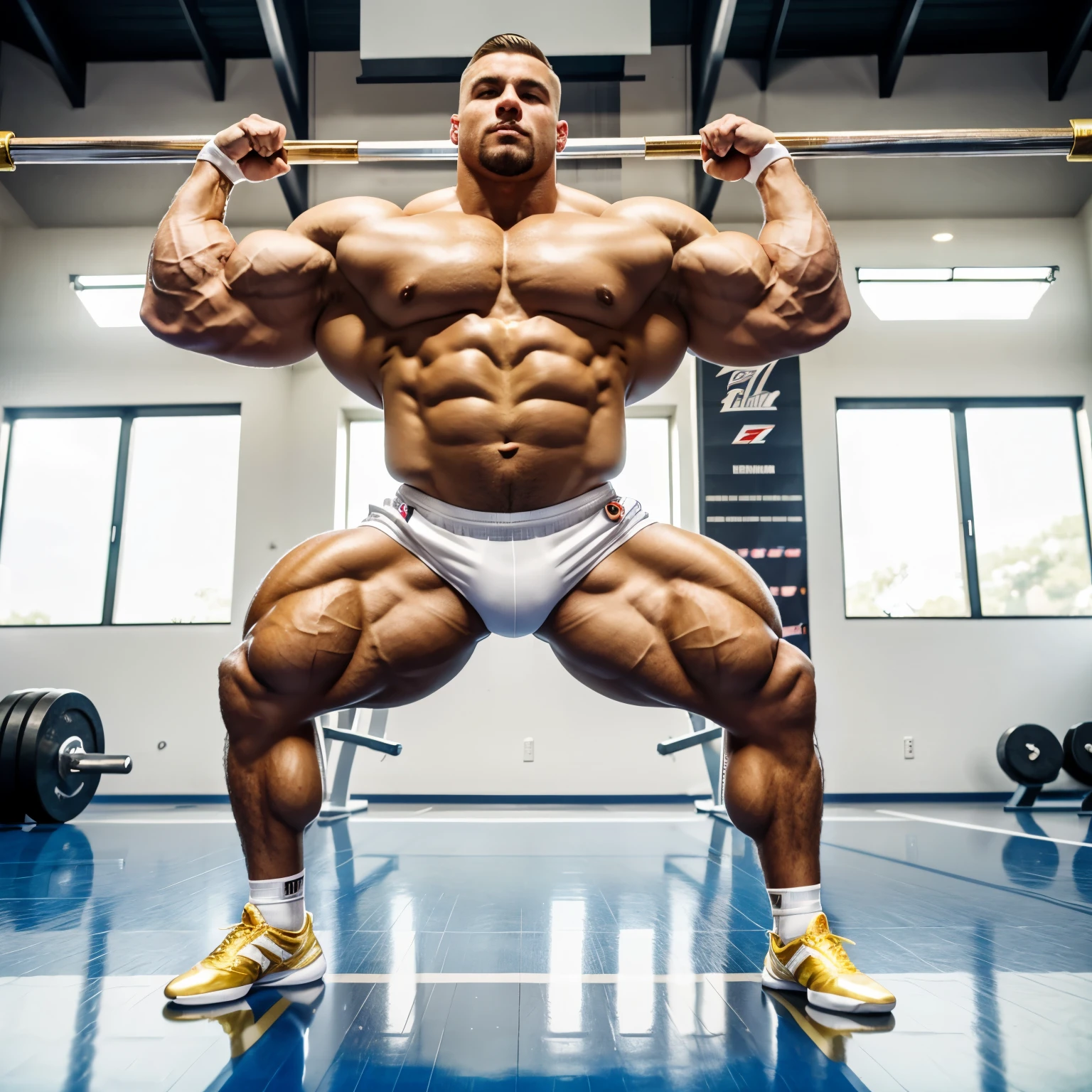 full view full body, Extreme bodybuilder stuffed with steroids Zorian Ruzanov, with platinum-blonde undercut haircut, in white Lycra shorts, white socks, gold ring, no shoes, does push-ups on the gym floor, flaunting hyper-anabolic, hyper-inflated, excessively over-bloated muscles