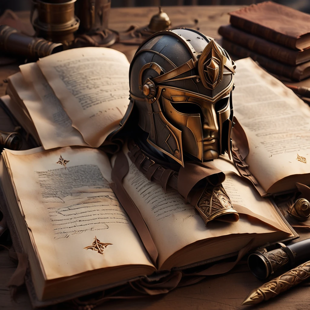 "Create a logo for a history channel that evokes a sense of knowledge, discovery, and authenticity. The logo should feature an unrolled ancient scroll with intricate historical writing. Include a central open book with aged pages. Incorporate a historical warrior helmet, reminiscent of Roman, Greek, or medieval times, and a quill pen dipped in ink. Use a classic serif or elegant handwritten font for the channel name, making it clear and prominent. Choose earthy tones like brown, beige, and gold, with dark accents such as black or gray for contrast. The style should be illustrative with careful details, blending classic elements with a clean, modern touch. Balance the composition with the scroll or book at the center, surrounded by the helmet and quill. Place the channel name below or above the main symbol."