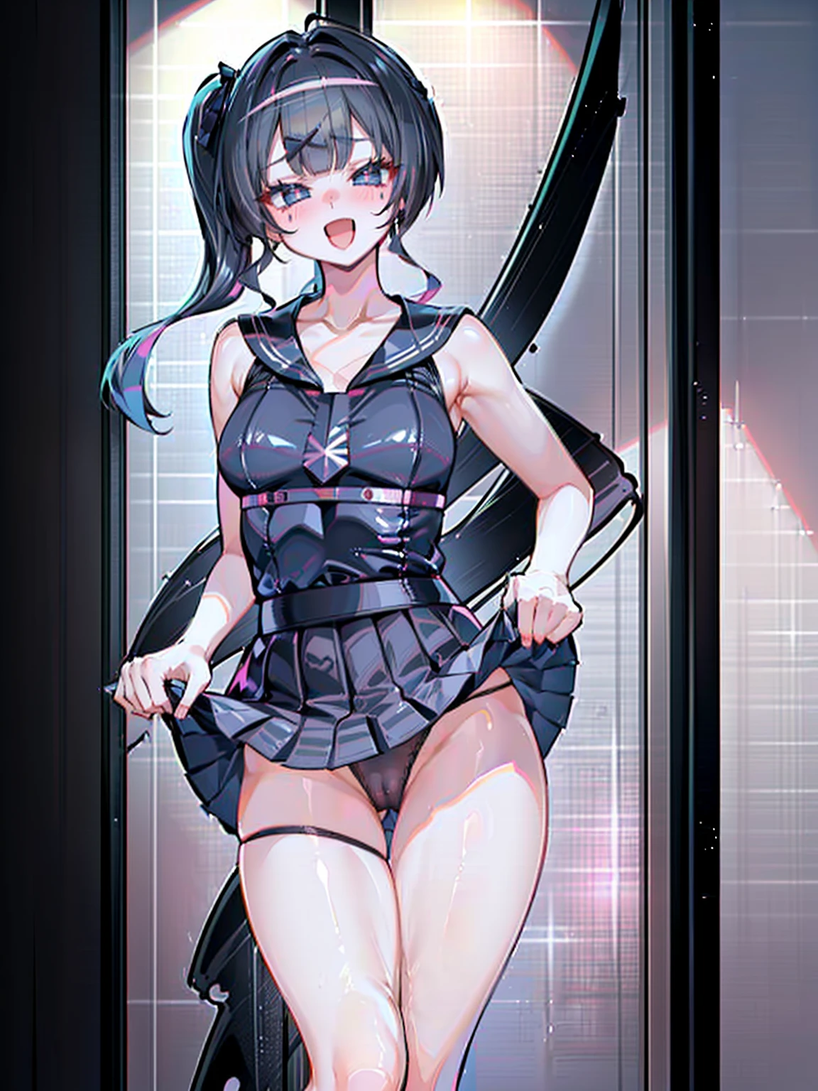 crotch,between legs ,smile,open mouth,pleasure,blush,embarrassed,(((black sailor uniform,black skirt,black shirts)),(best quality, 8k, masterpiece:1.2, nsfw,ultra-detailed,realistic,photorealistic,anime,Soft lighting,Bokeh), hatsune miku\(vocaloid\),1girl,Anime-like beautiful girl,silky smooth and very beautiful skin,very beautiful embarrassed face,Ordinary chest, 5headed body,Skinny type,Not muscular,５This refers to,Manicure is cherry colored, break, Perfectly beautiful figure,Height 162cm,Bust 87cm,Waist 56cm,Hip 85cm, blue eyes, girl, very long twintail hair, black eyes, long twintail hair, solo, (bangs, black hair, shining hair, black hair, ),official alternate costume, (((black sailor scool uniform,lift black skirt,sexy cute pantie))), hair ornament, collarbone, (((casual underwear)