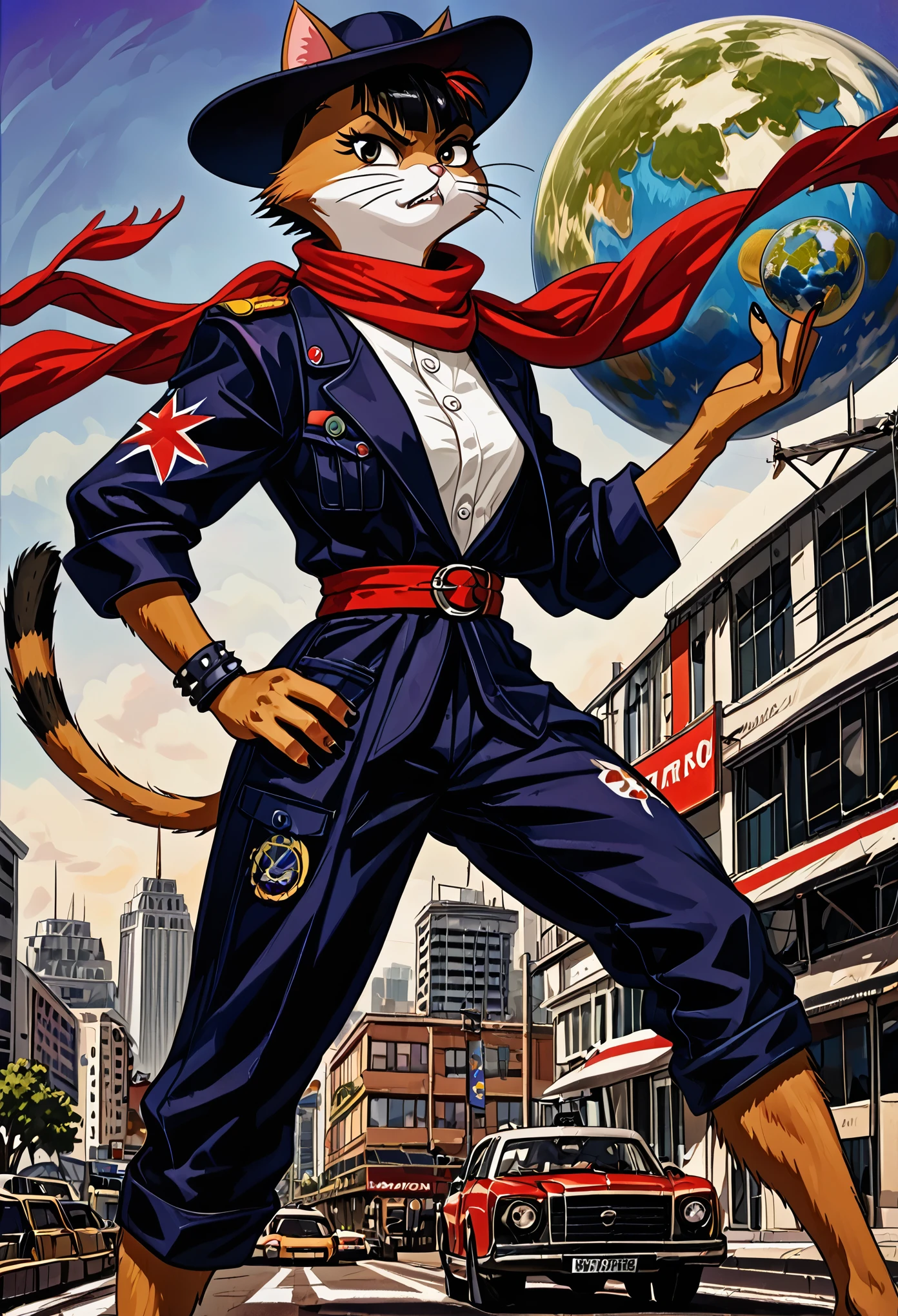 a painting of a cat wearing a hat and scarf, trending in the art station, dressed in punk clothes, detailed hyper realistic rendering, british gang member, street style, intimidating pose, planet of the cats, clothes with fashion, urban samurai, meow, west slavic features, 8 1 5