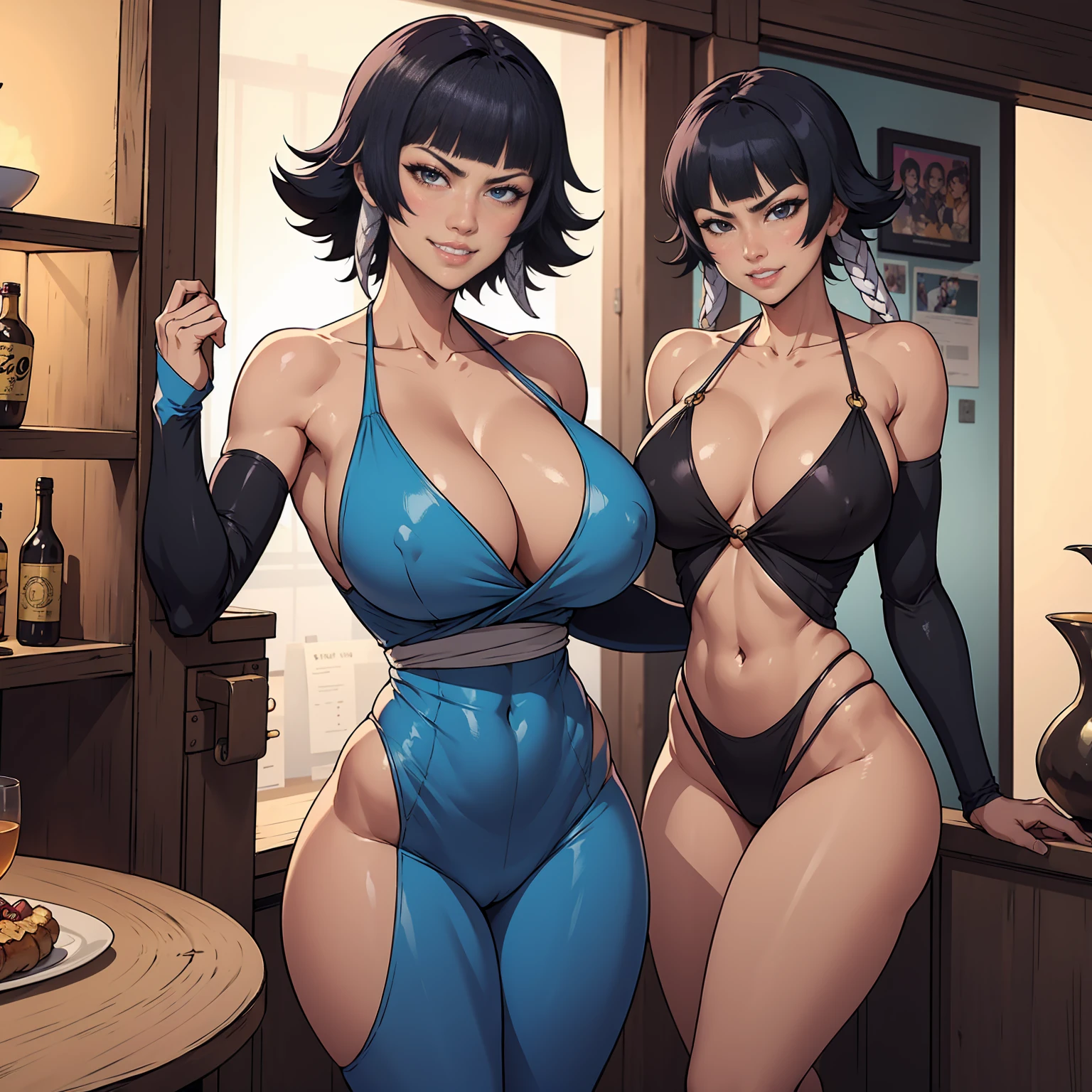 score_9, score_8_up, score_7_up, score_6_up, source_anime, BREAK 1girl, solo, sui-feng, short black hair, long sleeves, blue swimsuit, cleavage horny face, legs focus, thick legs, casual clothes, huge breasts, front, looking at you, grin, standing, dojo
