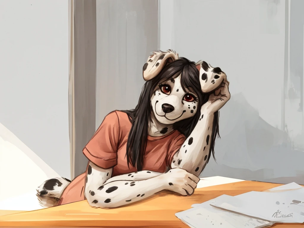 a cute and anthropomorphic, black spots and white fur female dog, she has medium-long dark hair, she's dressed with a dark red vine colored shirt, closed smile, high quality furry art.