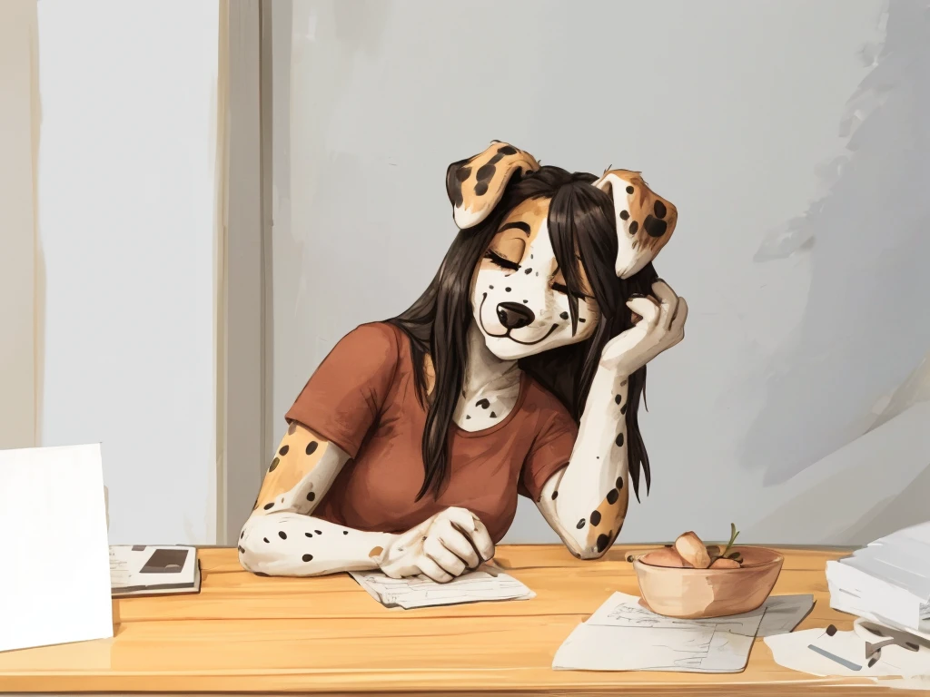 a cute and anthropomorphic, black spots and white fur female dog, she has medium-long dark hair, she's dressed with a dark red vine colored shirt, closed smile, high quality furry art.