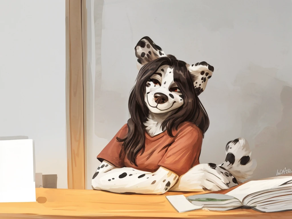 a cute and anthropomorphic, black spots and white fur female dog, she has medium-long dark hair, she's dressed with a dark red vine colored shirt, closed smile, high quality furry art.