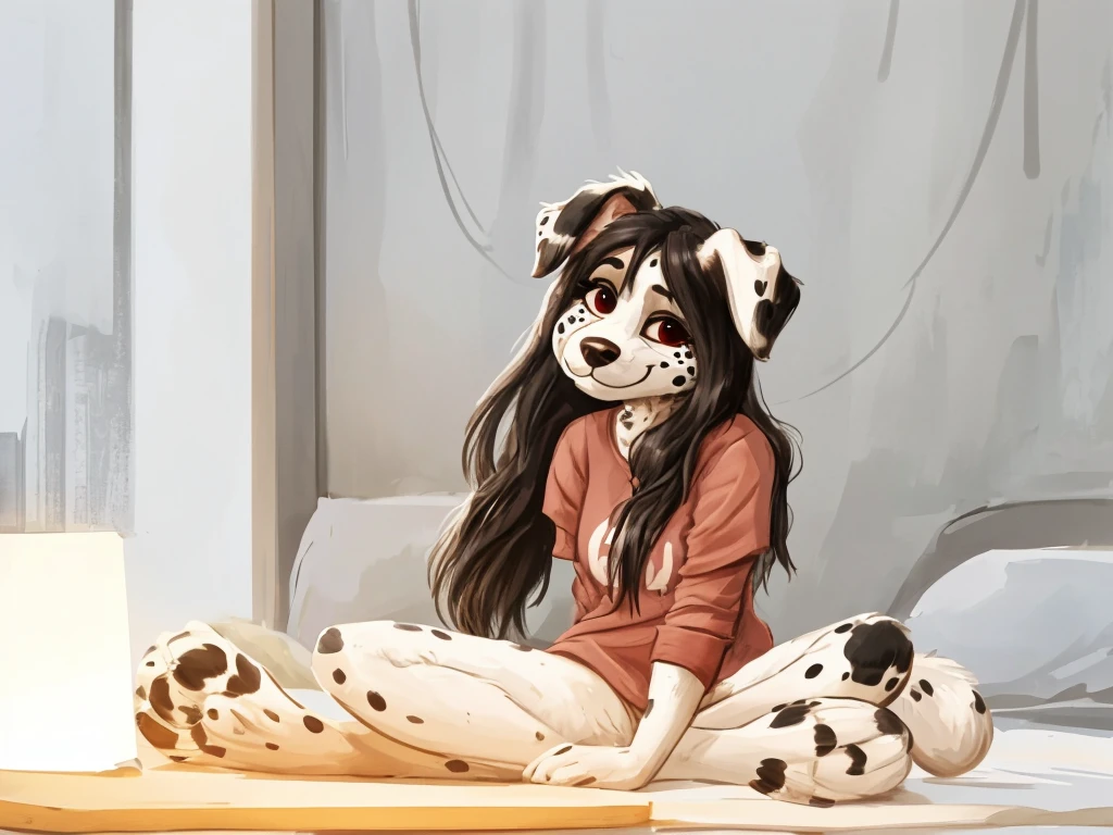 a cute and anthropomorphic, black spots and white fur female dog, she has medium-long dark hair, she's dressed with a dark red vine colored shirt, closed smile, high quality furry art.