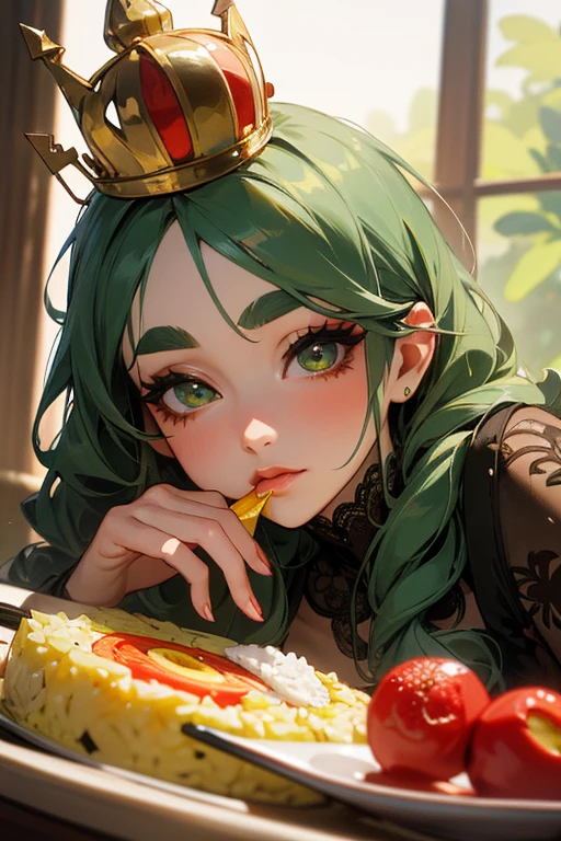 (Highest quality, masterpiece:1.2), High resolution, Very detailed, Realistic:1.37, Fantasy, An illustration, Green Eyes、Queen, Red lace dress.Platinum decoration、beautifully、Eyeshadow Red、Thick eyebrows、Long eyelashes、pupils are black、Her hair is dark green、Gold crown、Kissing Face、Embarrassing、Beloved by the crowd、Hair is green、Braiding、hair ornaments、((Eat omelet rice))