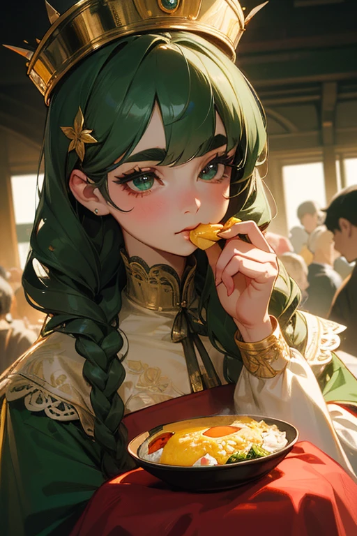 (Highest quality, masterpiece:1.2), High resolution, Very detailed, Realistic:1.37, Fantasy, An illustration, Green Eyes、Queen, Red lace dress.Platinum decoration、beautifully、Eyeshadow Red、Thick eyebrows、Long eyelashes、pupils are black、Her hair is dark green、Gold crown、Kissing Face、Embarrassing、Beloved by the crowd、Hair is green、Braiding、hair ornaments、((Eat omelet rice))