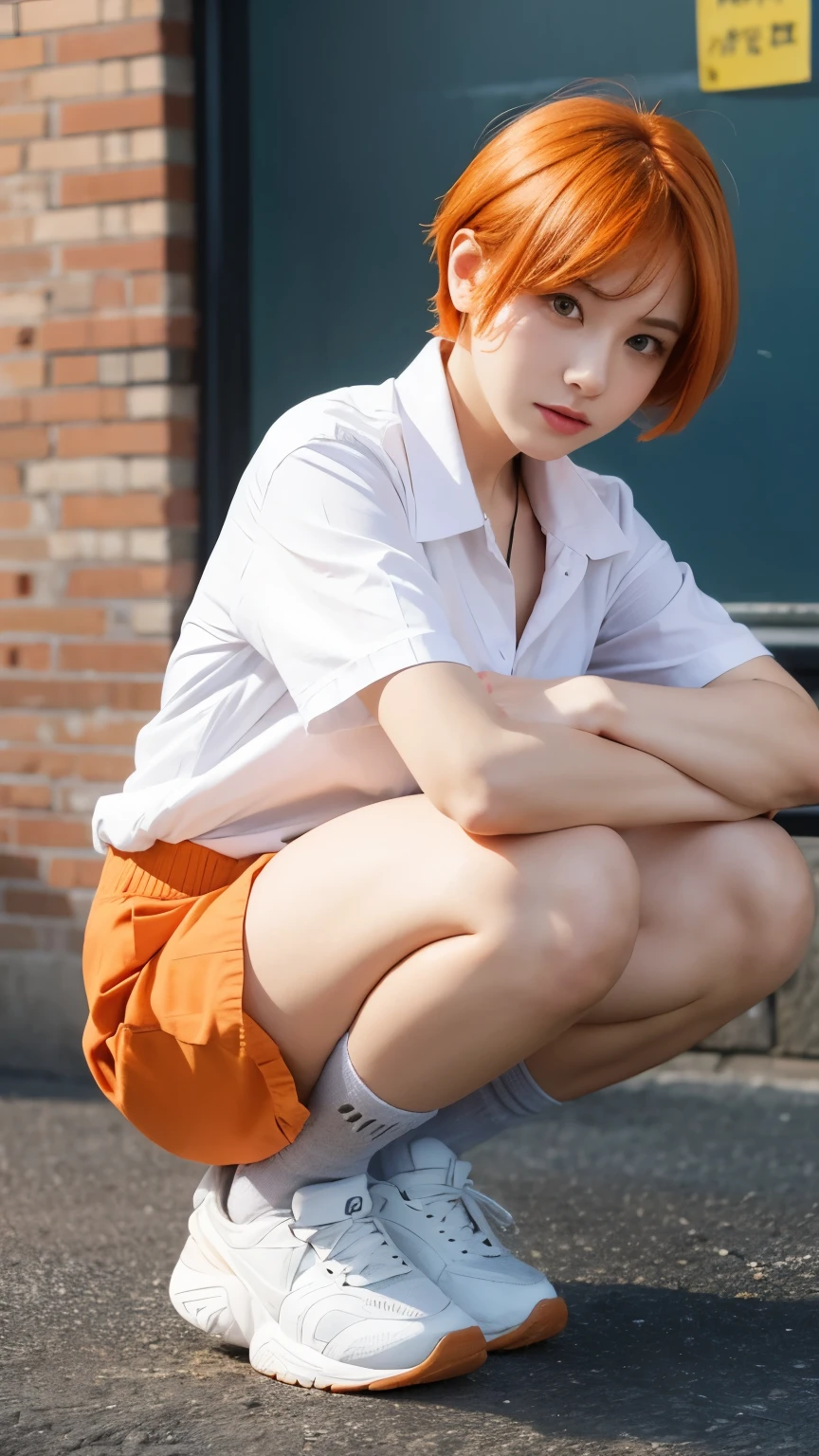 1girl,huge breast, orange hair, short hair, squatting,school clothes , high quality