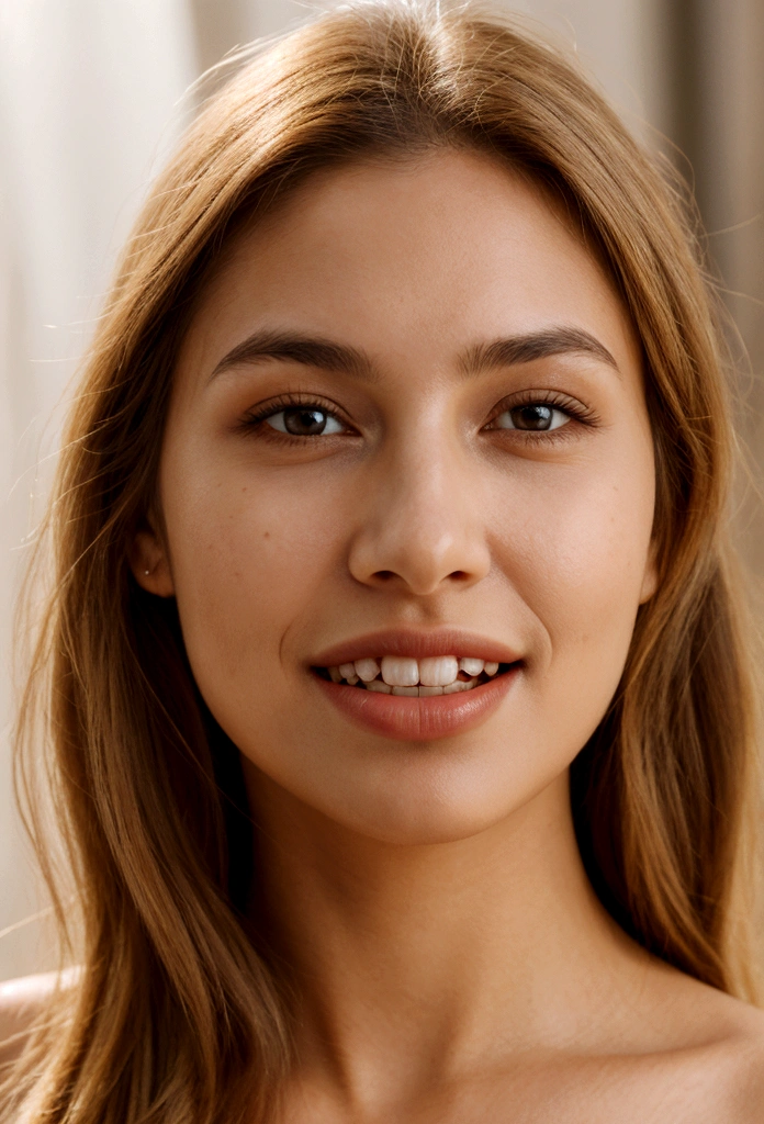 A photorealistic portrait of a young and beautiful 19-year-old woman with light blonde hair, long hair, and brown eyes, American. Epic realism, raw photo, (highly detailed skin:1.2), 8k, DSLR, soft lighting, high quality, film grain, Fujifilm XT3, ultra high resolution, photorealistic:1.4, uhd. The background is blurred to emphasize her face. Her facial features are meticulously detailed: her smooth and clear, slightly tanned skin, well-defined cheekbones, a perfectly shaped nose, a high and smooth forehead, long and thick eyelashes, well-groomed eyebrows, and soft, slightly parted lips. The lighting highlights the natural contours of her face, giving a lifelike and vibrant appearance. She exudes a captivating beauty, with a seductive and alluring expression, sticking her tongue out playfully and giving a fierce, tigress-like look. This dynamic pose makes her appear as a stunning and confident 19-year-old OnlyFans model, radiating sexiness and charisma. She looks very young and shows a full set of beautifully crafted, perfectly aligned teeth, emphasizing her radiant smile and enhancing her overall attractiveness.