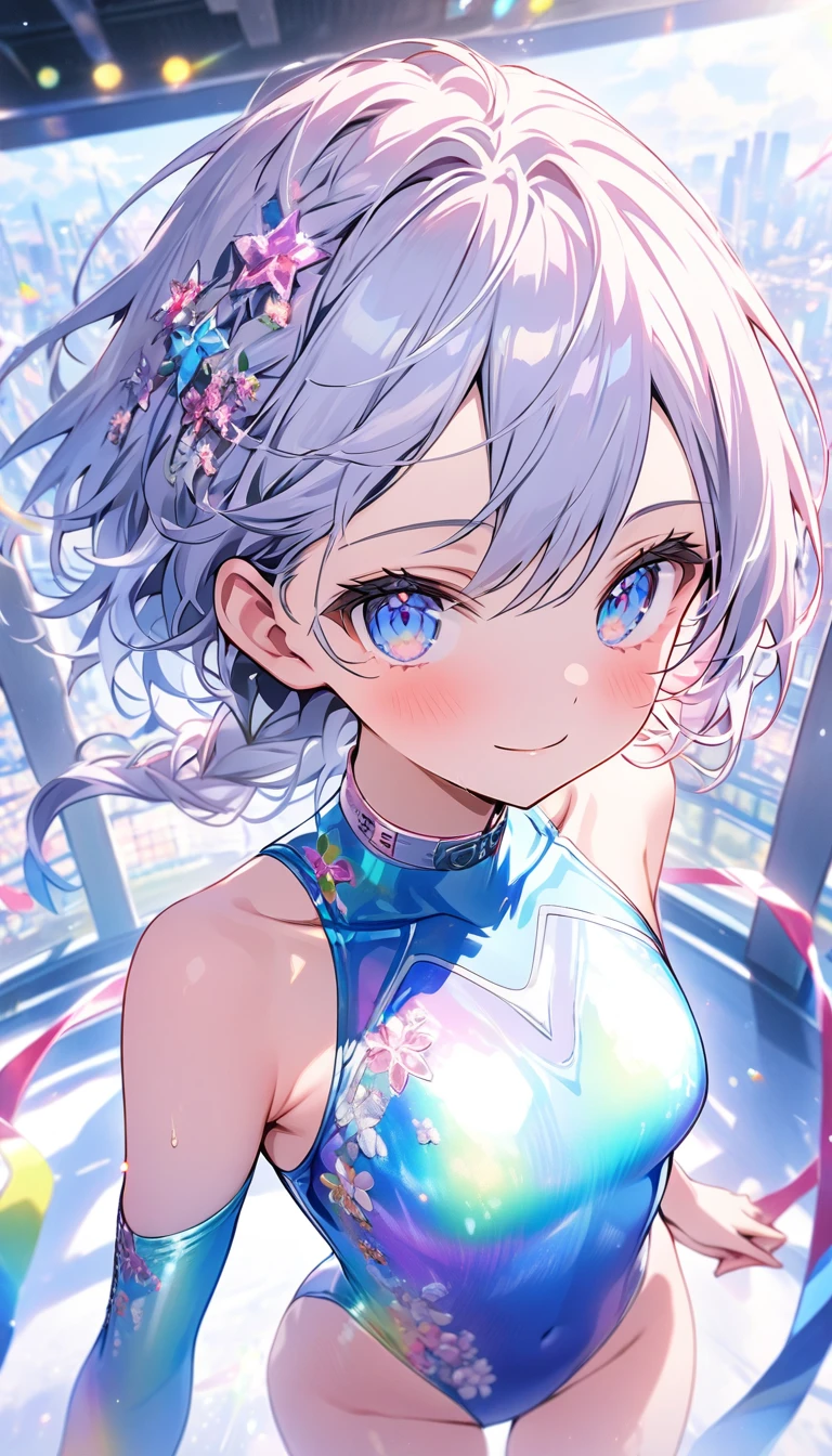 highquality illustration, masterpiece, very delicate and beautiful, attractive girl,(gymnastics leotard, Floral patterns leotard,long sleeve leotard with glittery decoration,high_leg leotard,athletic leotard,tight-fit leotard,iridescent gradient leotard),thin,slender body,slim,high school,gymnasium background,gymnastics club,gymnastics athlete,princess, beautiful eyes,light smile,(masterpiece, best quality:1.2), highres, extremely detailed CG unity 8k wallpaper, perfect lighting, Colourful, ultra-high res,4K,ultra-detailed, photography, 8K, HDR, 17 ages,