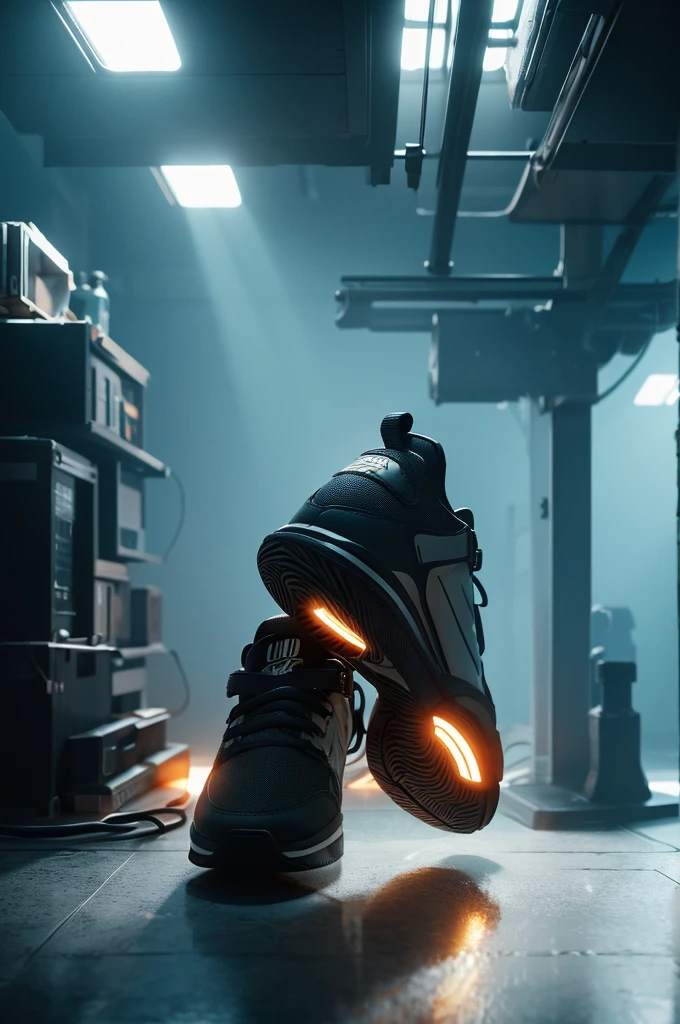 product photography of a cybepunk sneakers, epic render, octane, atmosphere, particles, soft volumetric lights, (backlit:1.3), (cinematic:1.3), intricate details, (ArtStation:1.3)