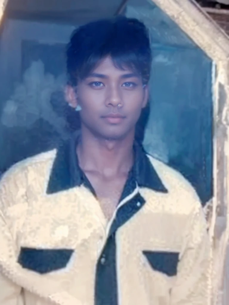 A man wearing white tone blue shirt, wearing black peci, black kopiah, brown skin, medium hair, potrait, realistic, hyper realistic, ultra details