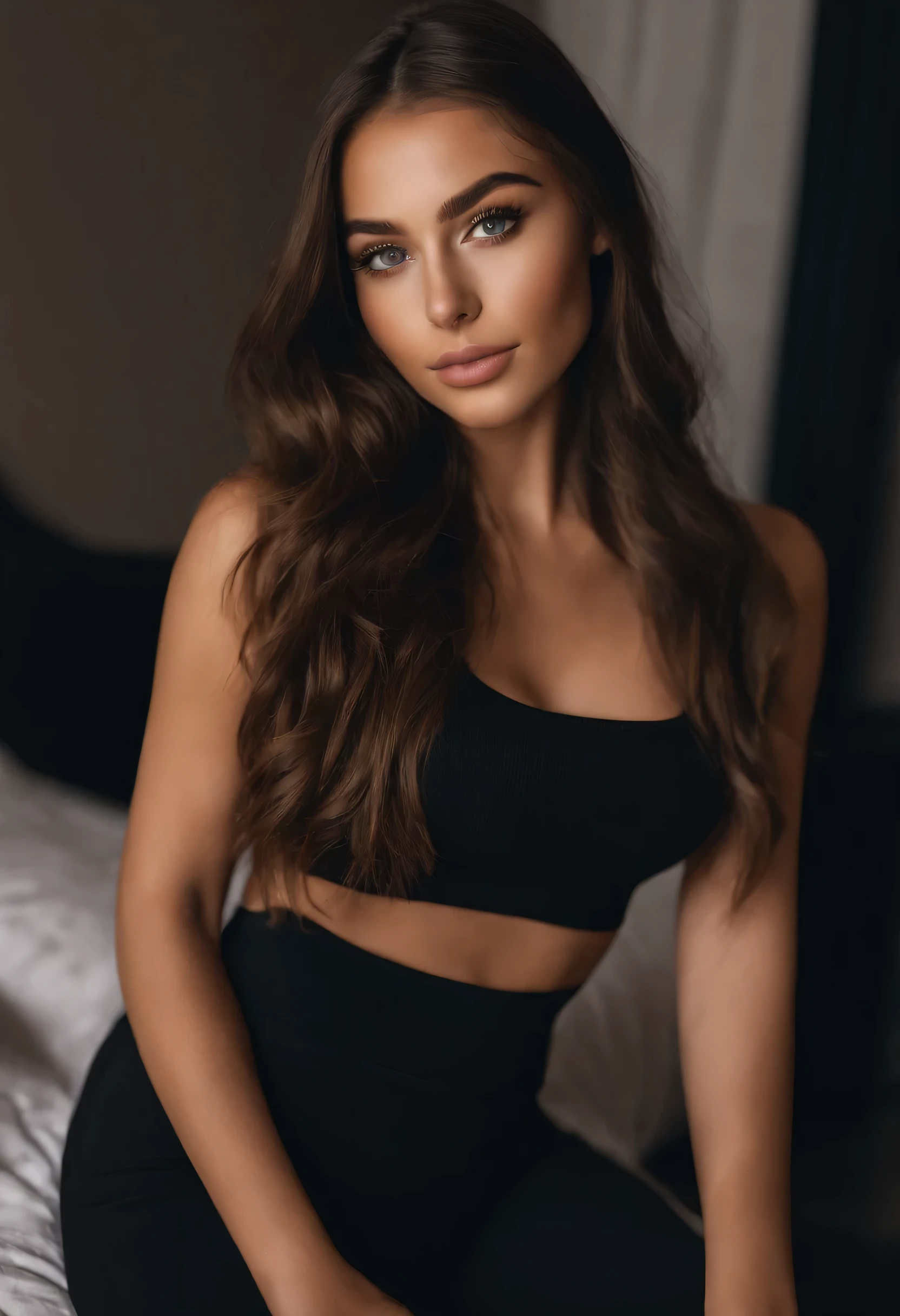 arafed, femme, à, vêtements noirs, fille sexy aux yeux bruns, portrait sophie mudd, cheveux bruns et grands yeux, selfie d'une jeune femme, Yeux de chambre, violette myers, sans maquillage, Maquillage naturel, regarder directement la caméra, Visage avec Artgram, Maquillage subtil, Superbe photo du corps entier, dans la chambre, clivage