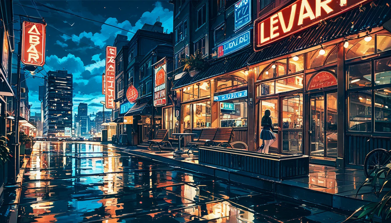 High definition photos. The sky is dark and full of dark clouds. A city full of neon signs on a dark night. There is standing water on the city streets. An 18-year-old girl sits forlornly on her bench. The girl looks at the sky with her face lifted and her chin held high. Her hair blows in the wind. The girl is wearing her pleated skirt and her bb sneakers. A close-range shot of the girl's profile.