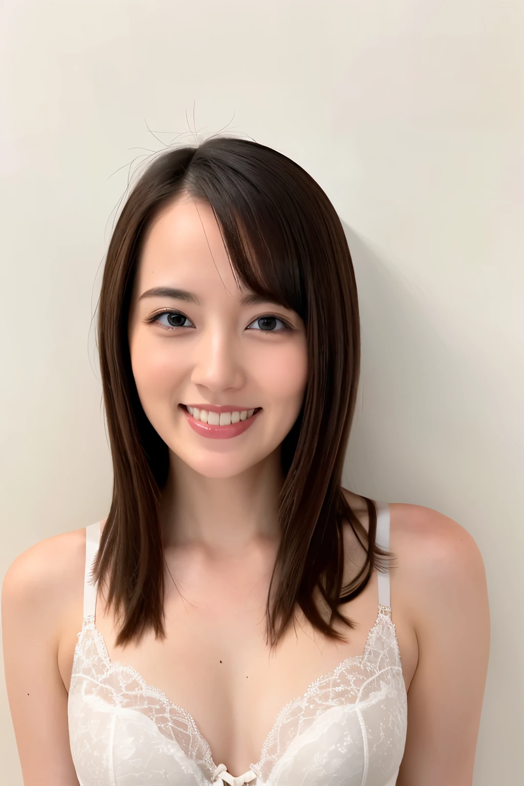 (Highest quality、Tabletop、、Best image quality)、1 female、(Face close-up:1.3)、(Wear only beautiful luxury bras:1.3)、The best smile、Smiling with beautiful teeth、(Standing against a blank white wall:1.5)、Ultra HD Glowing Bright Skin、Shiny, Moisturized Skin、Ultra HD Shining Eyes、Natural Makeup、Perfect Anatomy、Blurred Background、Sculpture Pose