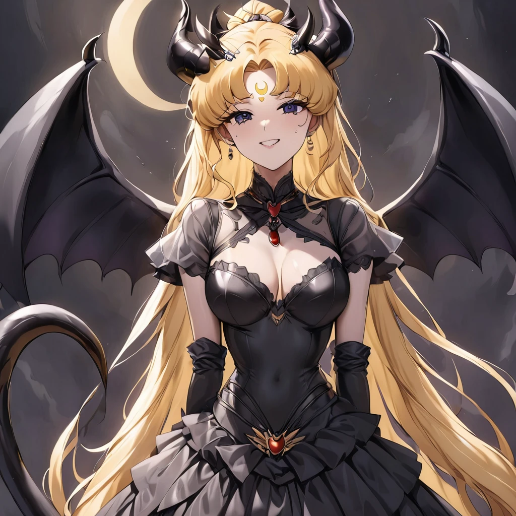 ((Highest quality)), ((masterpiece)), (detailed), (Perfect Face)、Black moon mark on forehead、The woman is the Dark Queen of the Black Moon of the Black Moon Clan, the Demon Queen Black Serenity, and the woman is the sexy, jet-black-skinned demon princess Serenity.、The woman is a jet-black female demon with magnificent devil horns, jet-black devil wings, and a jet-black tail. Her skin is jet-black, and she has a black inverted crescent moon mark on her forehead. She is a devil bride wearing a gorgeous black Gothic Victorian wedding dress and a black wedding veil. She is the jet-black demon Princess Serenity, and has blonde hair with a happy expression as she looks at the camera.2The expression of a girl in love with her long hair tied up、Woman is Black Serenity